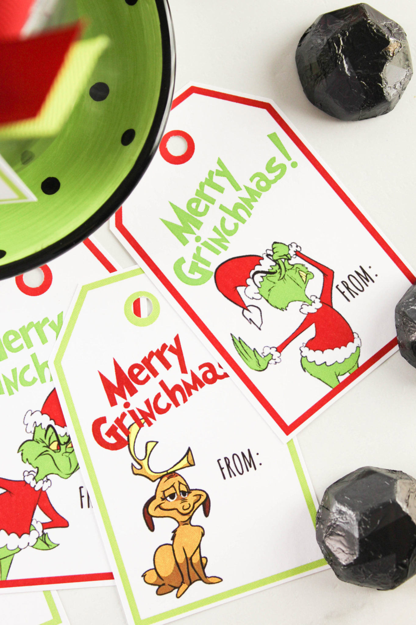 Printable Grinch Christmas tags for holiday gift wrapping