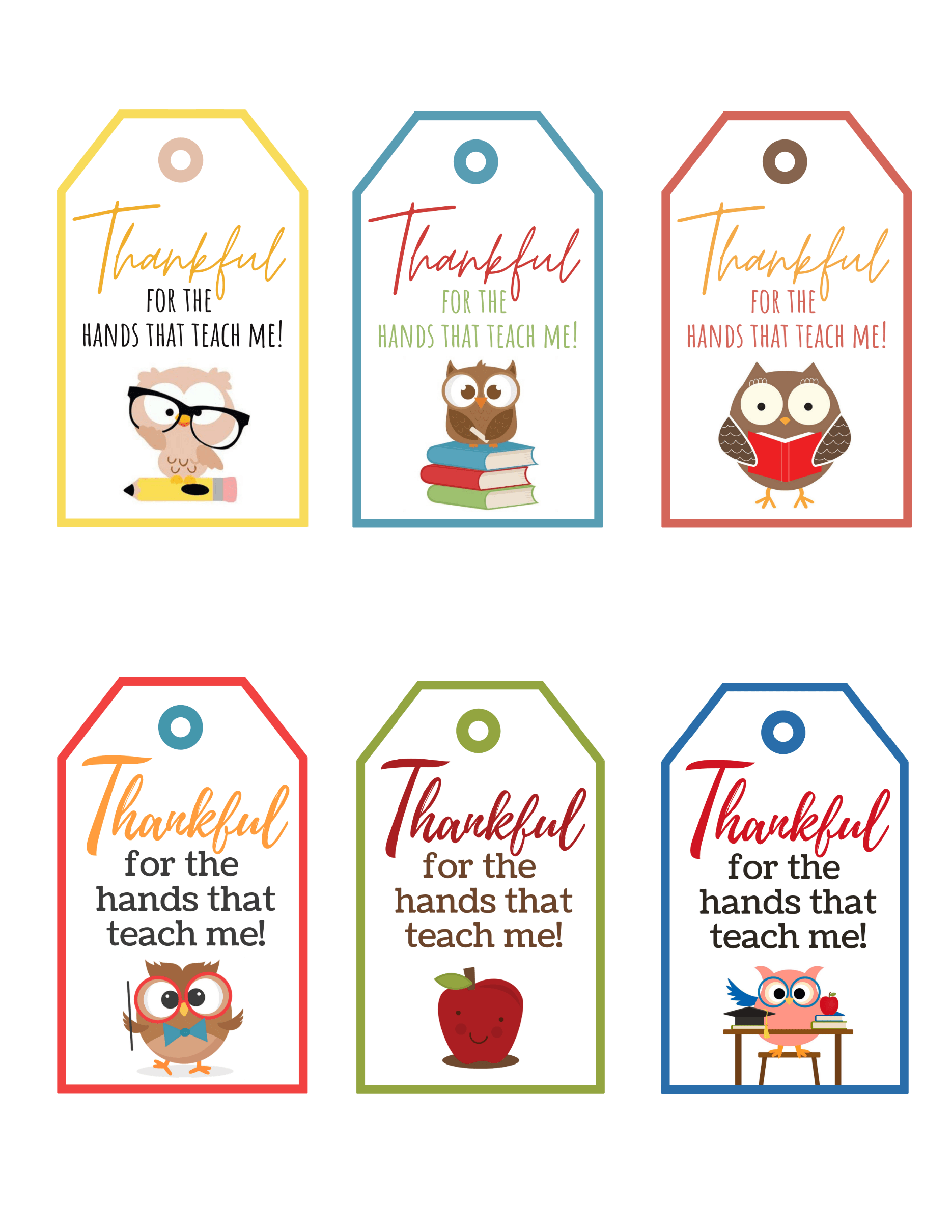 Printable teacher thank-you label with handprint graphics and gratitude message