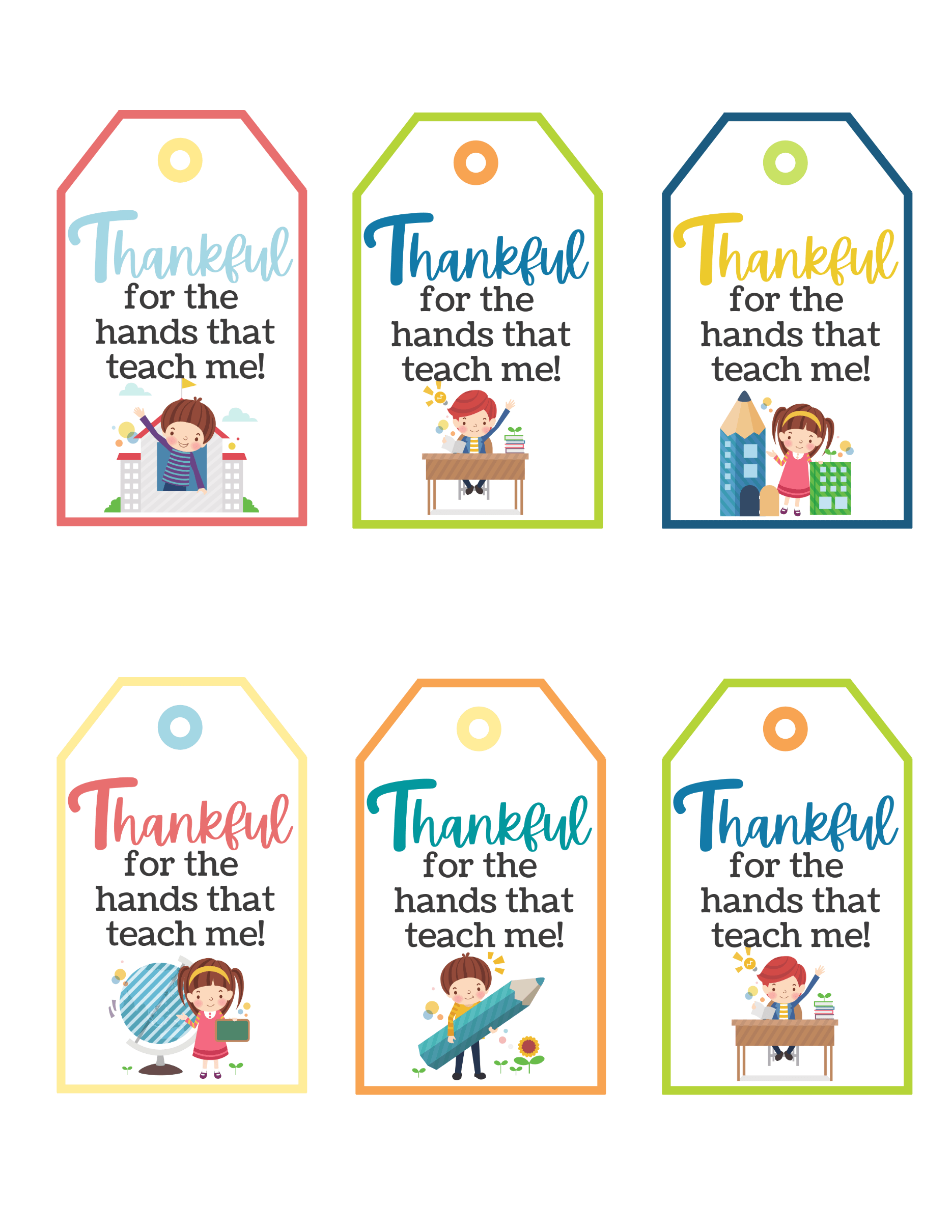 Gift tag for teachers featuring “Thankful for the Hands That Teach Me” in decorative lettering
