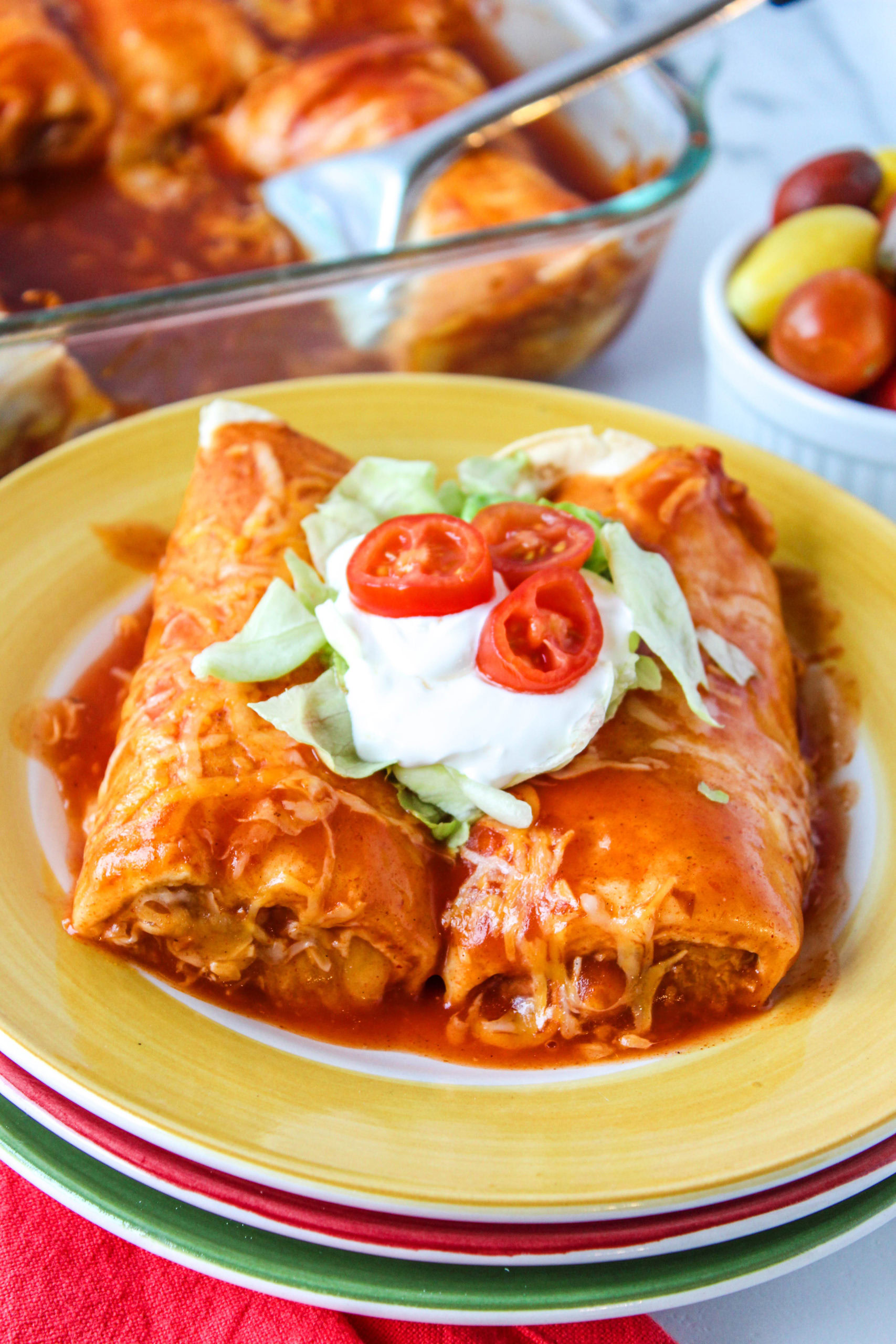Homemade vegetarian enchiladas baked until golden and bubbly