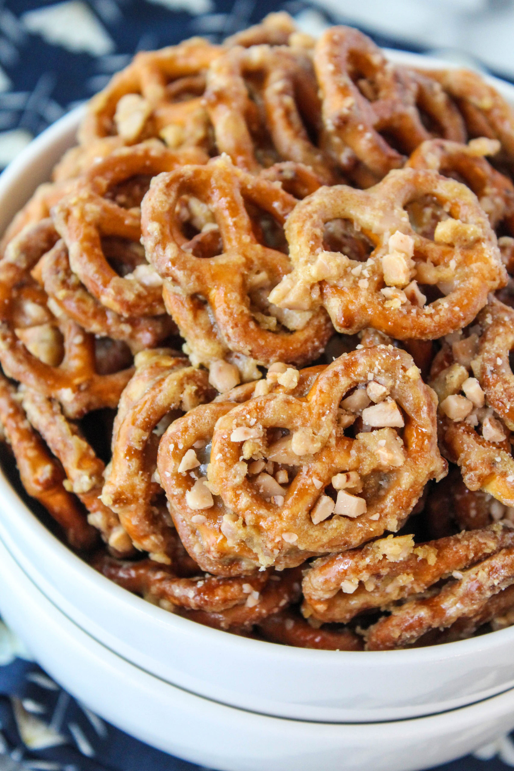 Crunchy butter toffee pretzels with a glossy caramel coating