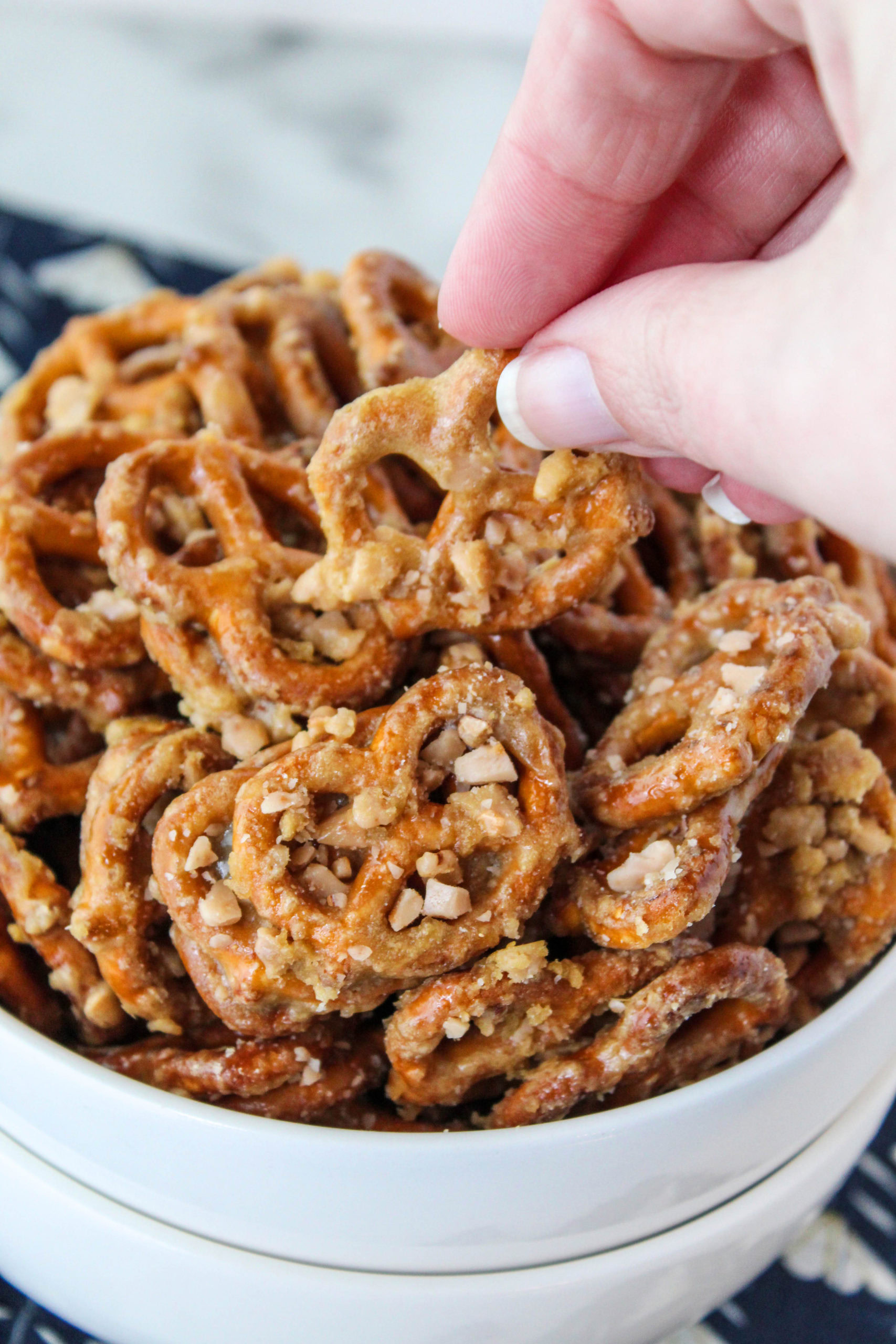 Close‑up of butter toffee pretzels with crunchy toffee coating