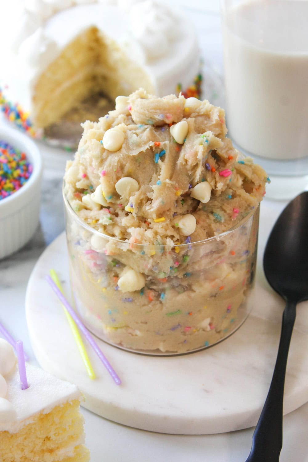 Birthday cake cookie dough ready to eat with soft texture and sprinkles