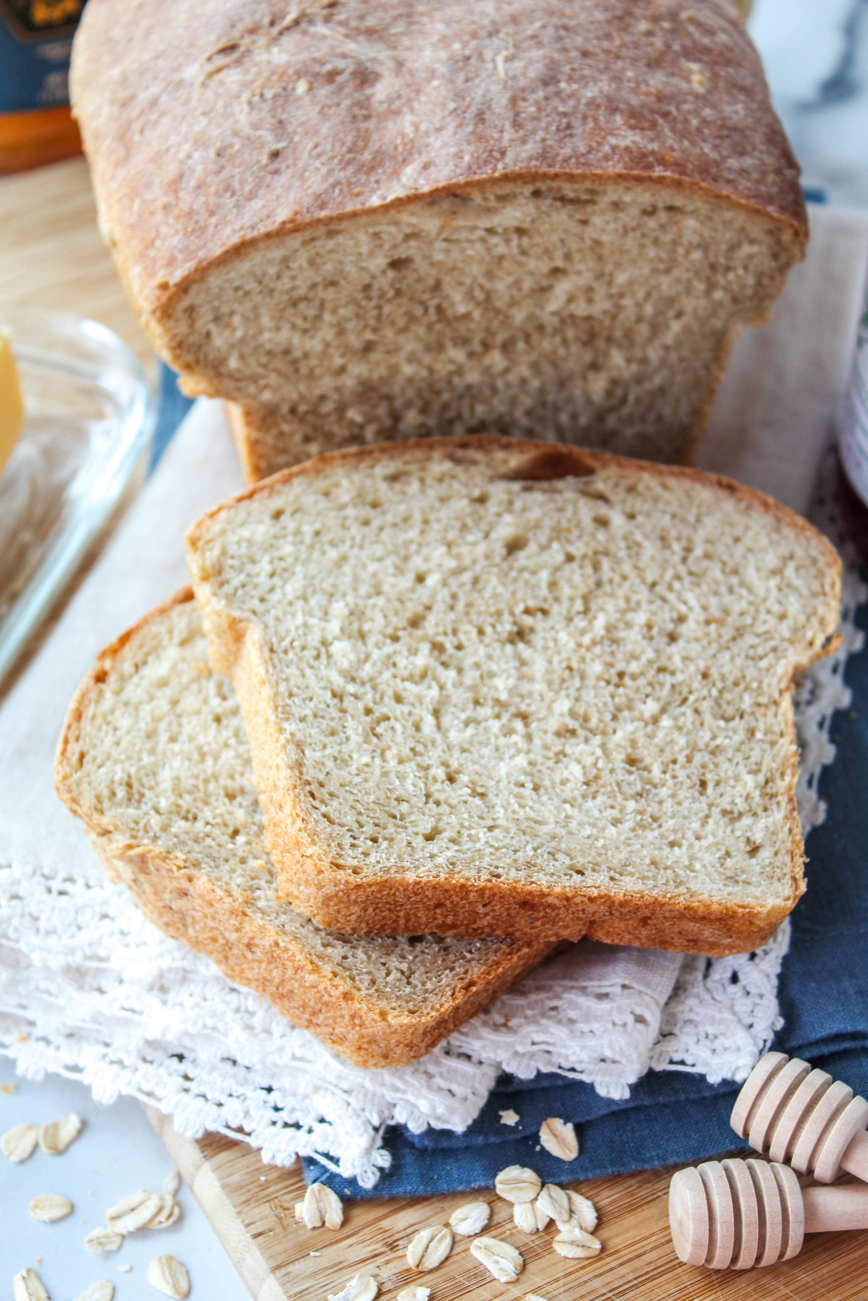 Soft and chewy oatmeal bread fresh from the oven with a golden top
