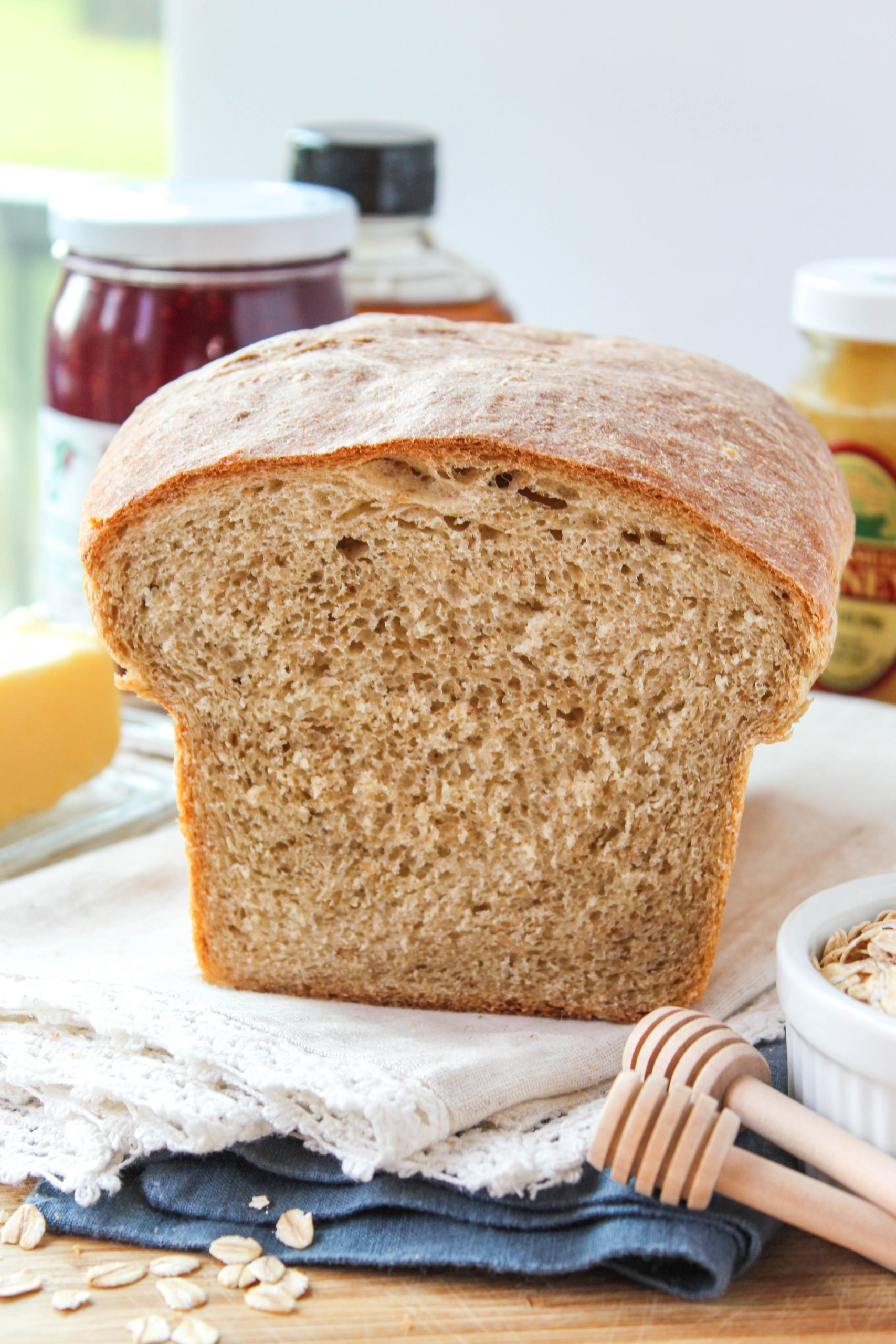 Homemade oatmeal bread with a soft, fluffy texture and golden crust
