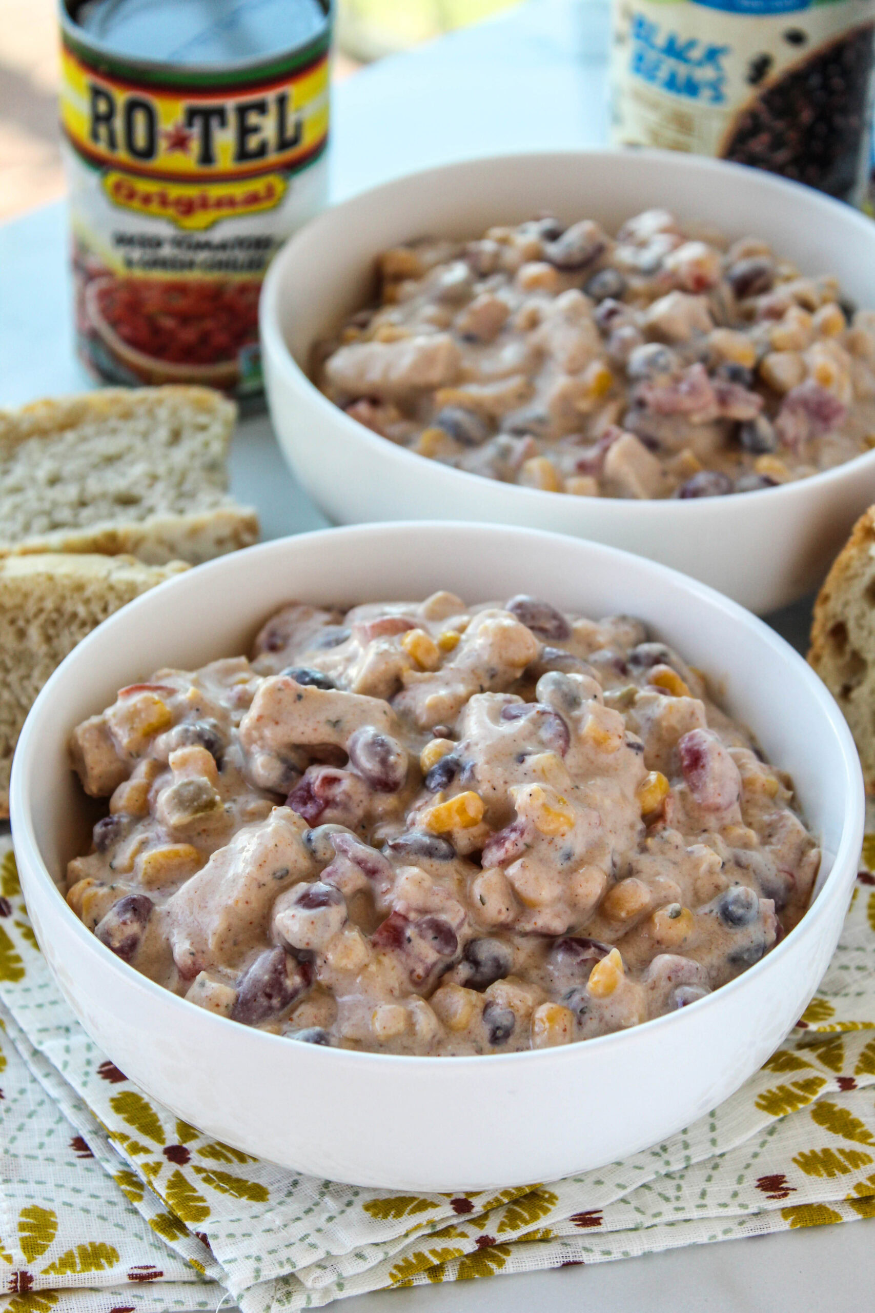 Close‑up of hearty vegetarian chicken chili with beans and veggies