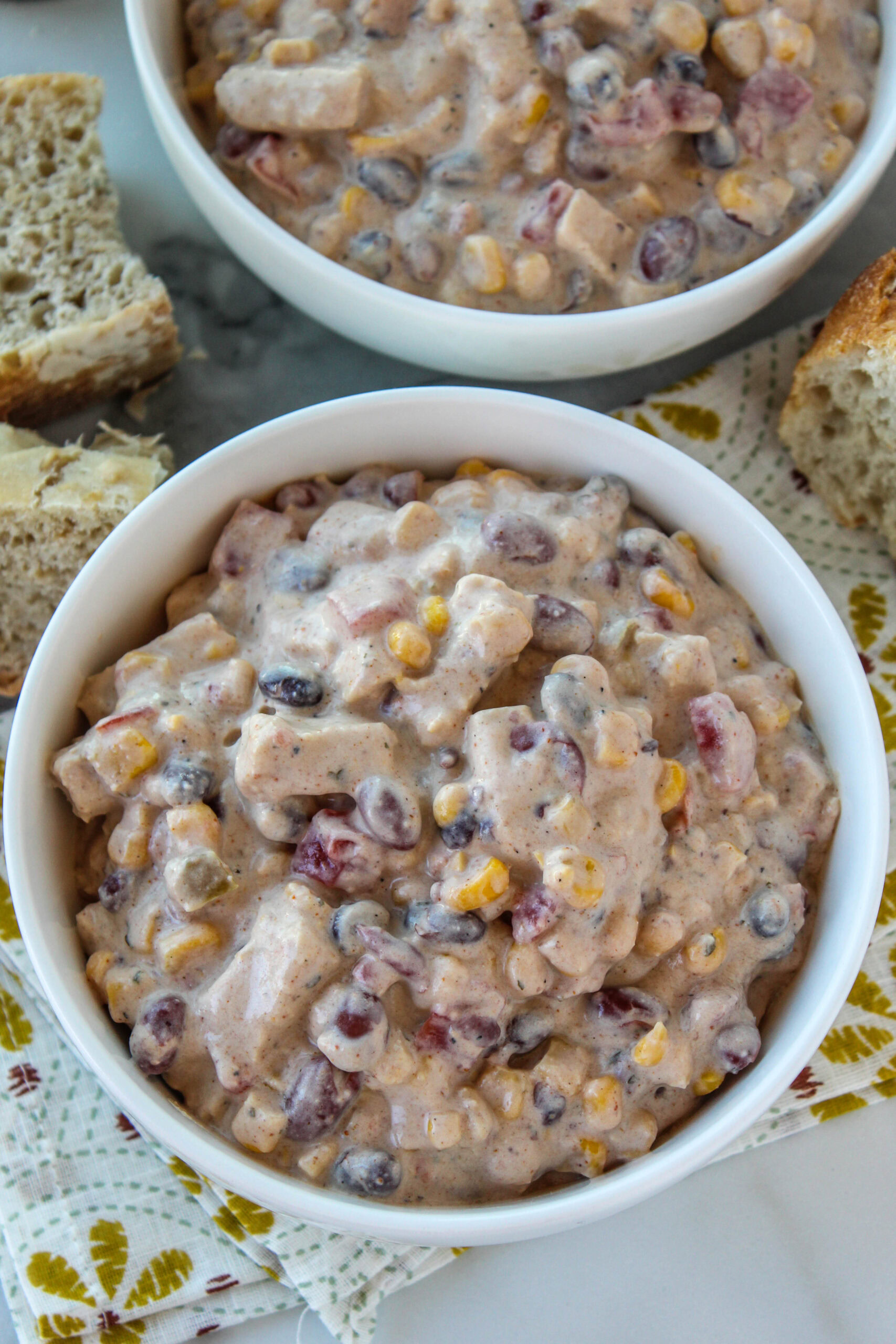 Vegetarian chicken chili in a white bowl