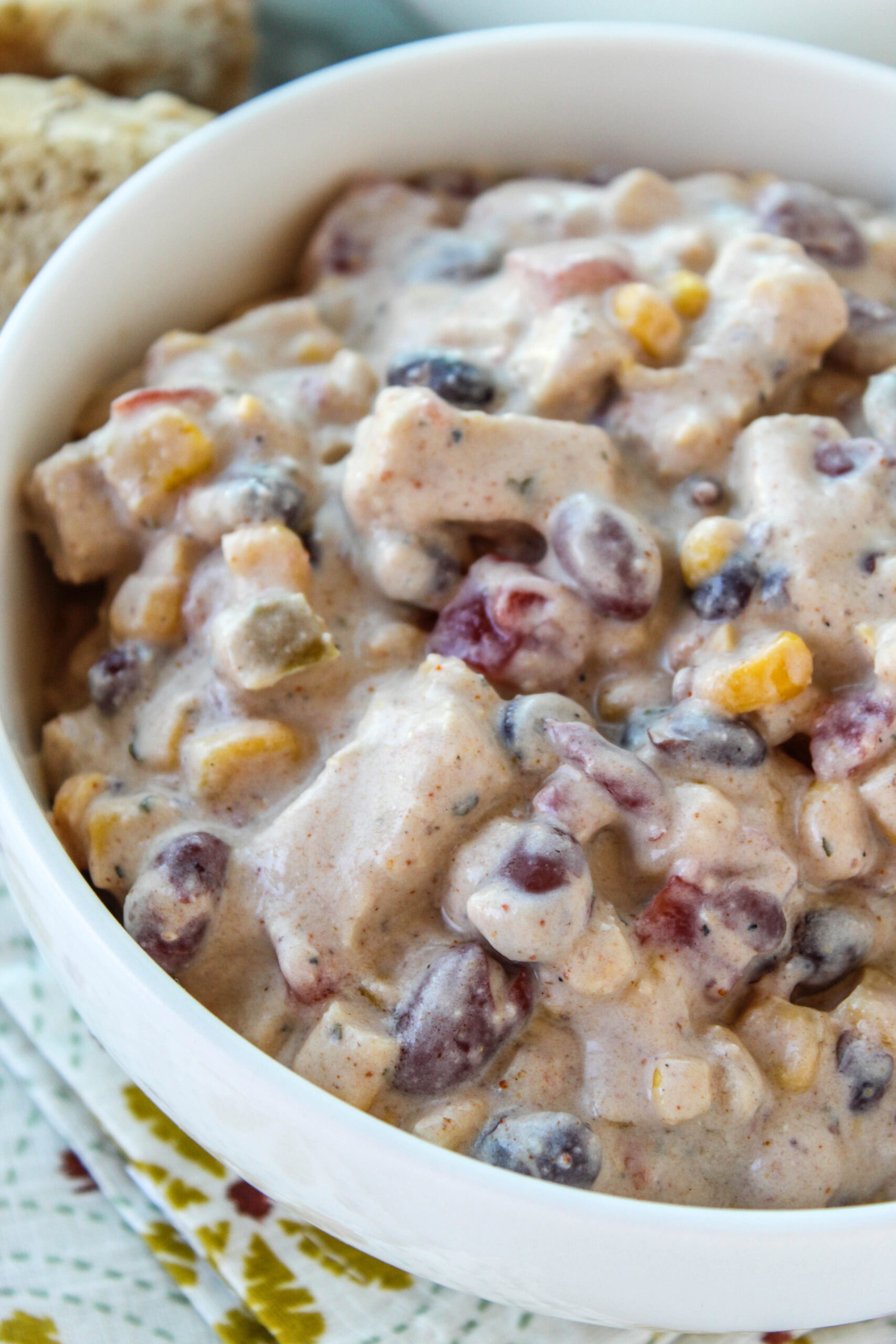 Slow cooker vegetarian chicken chili on a fall‑themed table