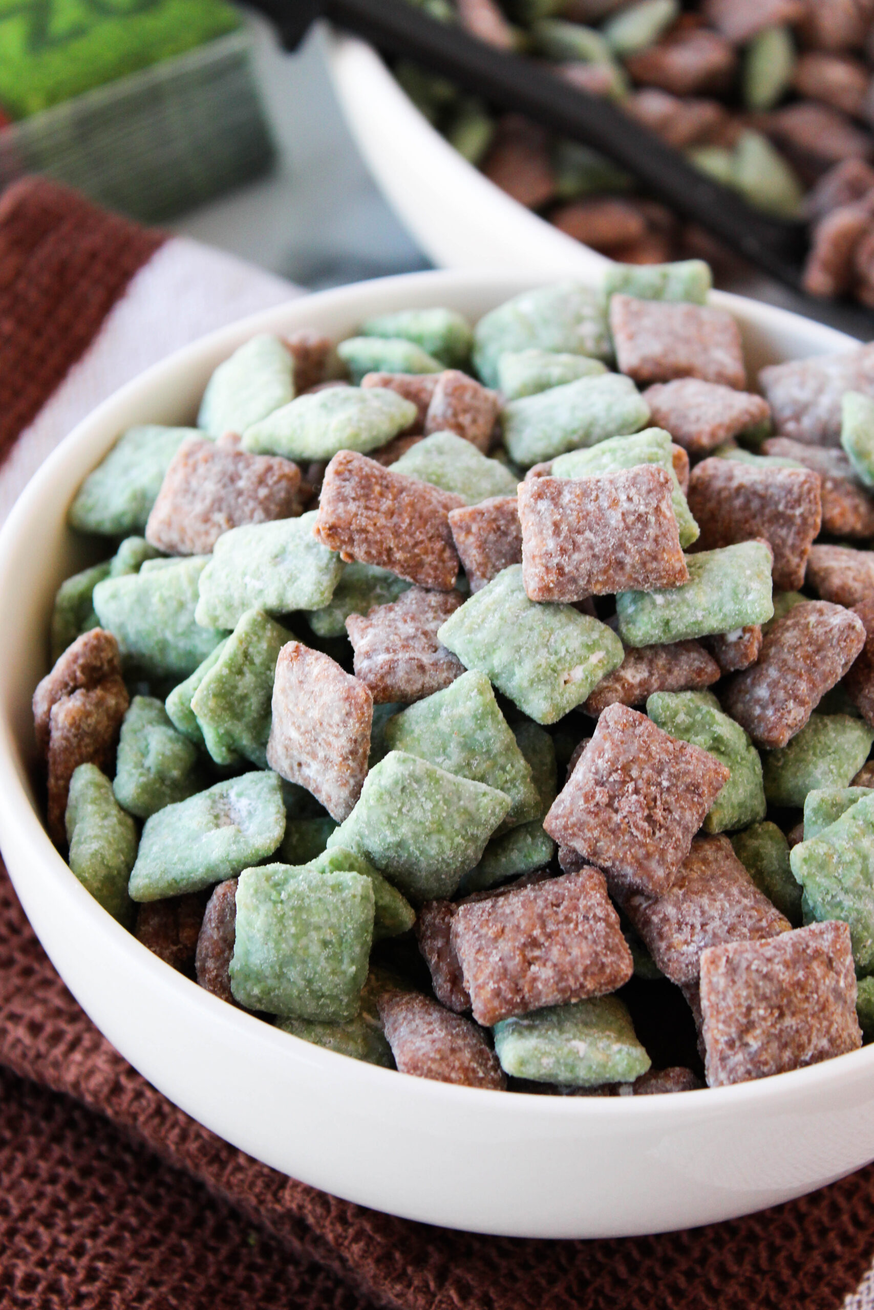 Close‑up of crunchy football puppy chow with peanut butter coating