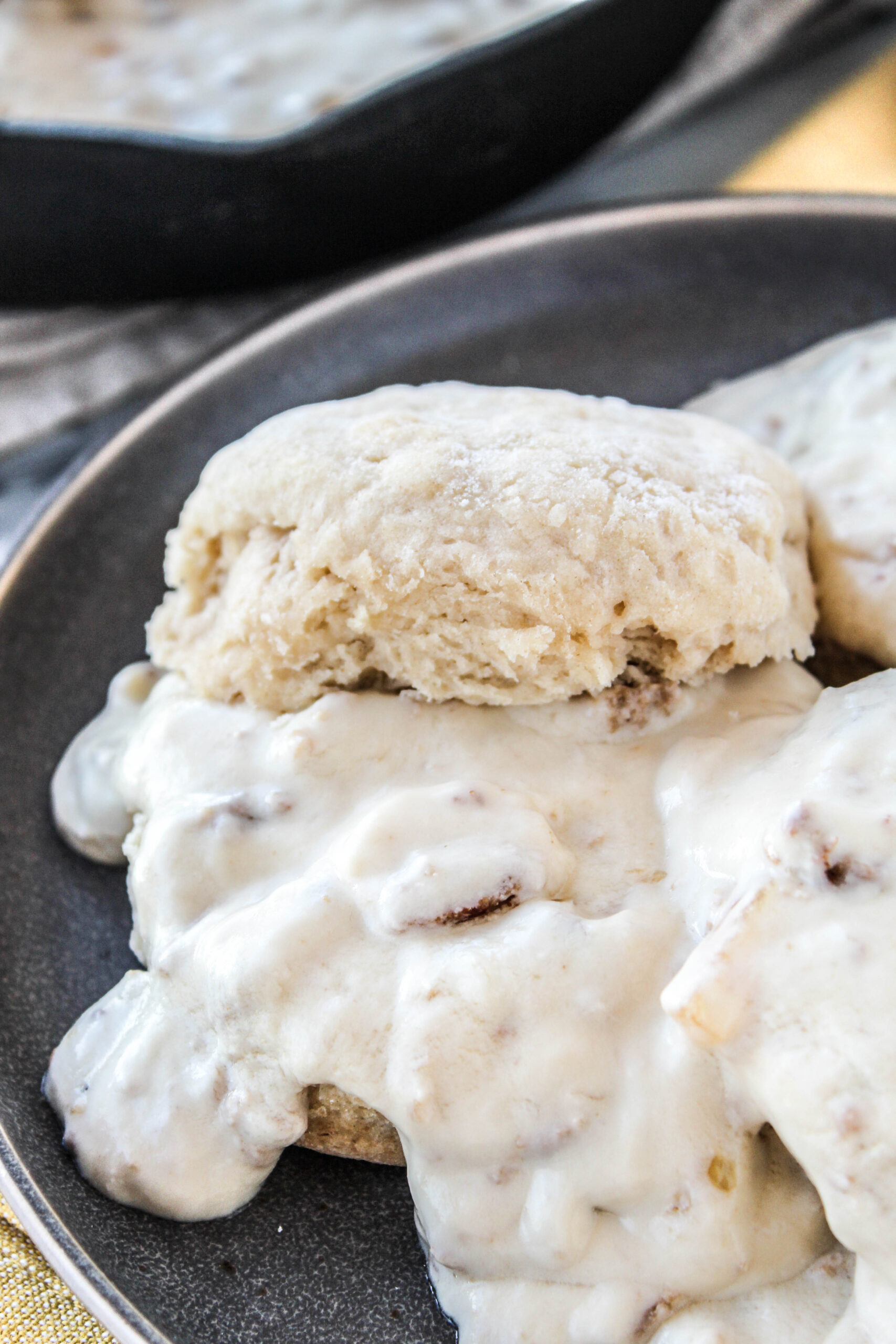 Flaky biscuits smothered in rich vegetarian gravy