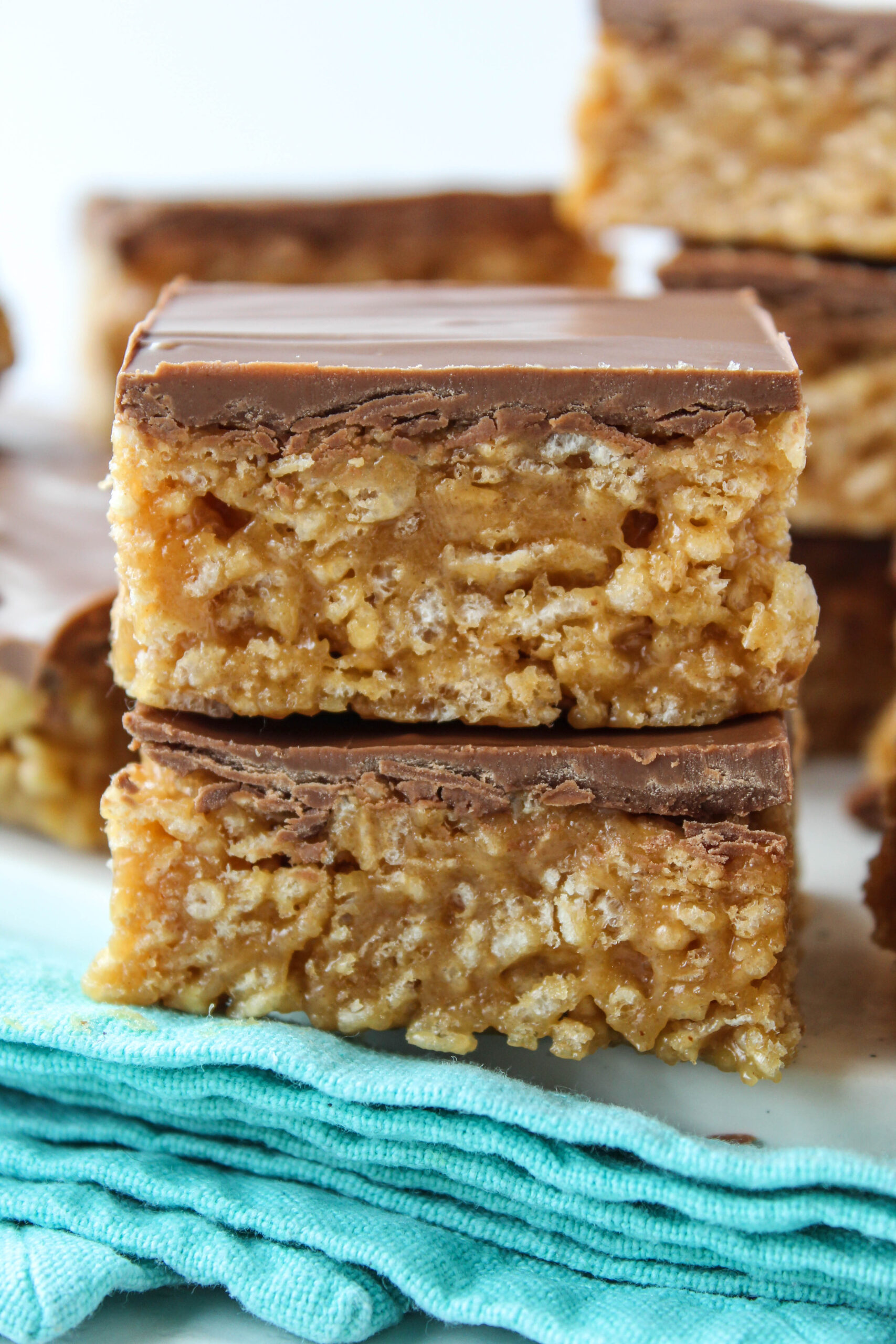 Soft, chewy Scotcheroos with chocolate and butterscotch topping