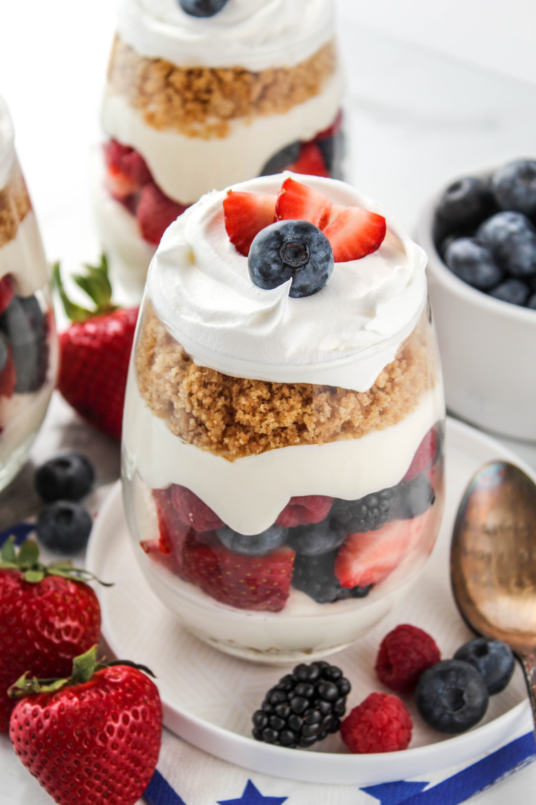 festive patriotic dessert cups with layered cheesecake filling
