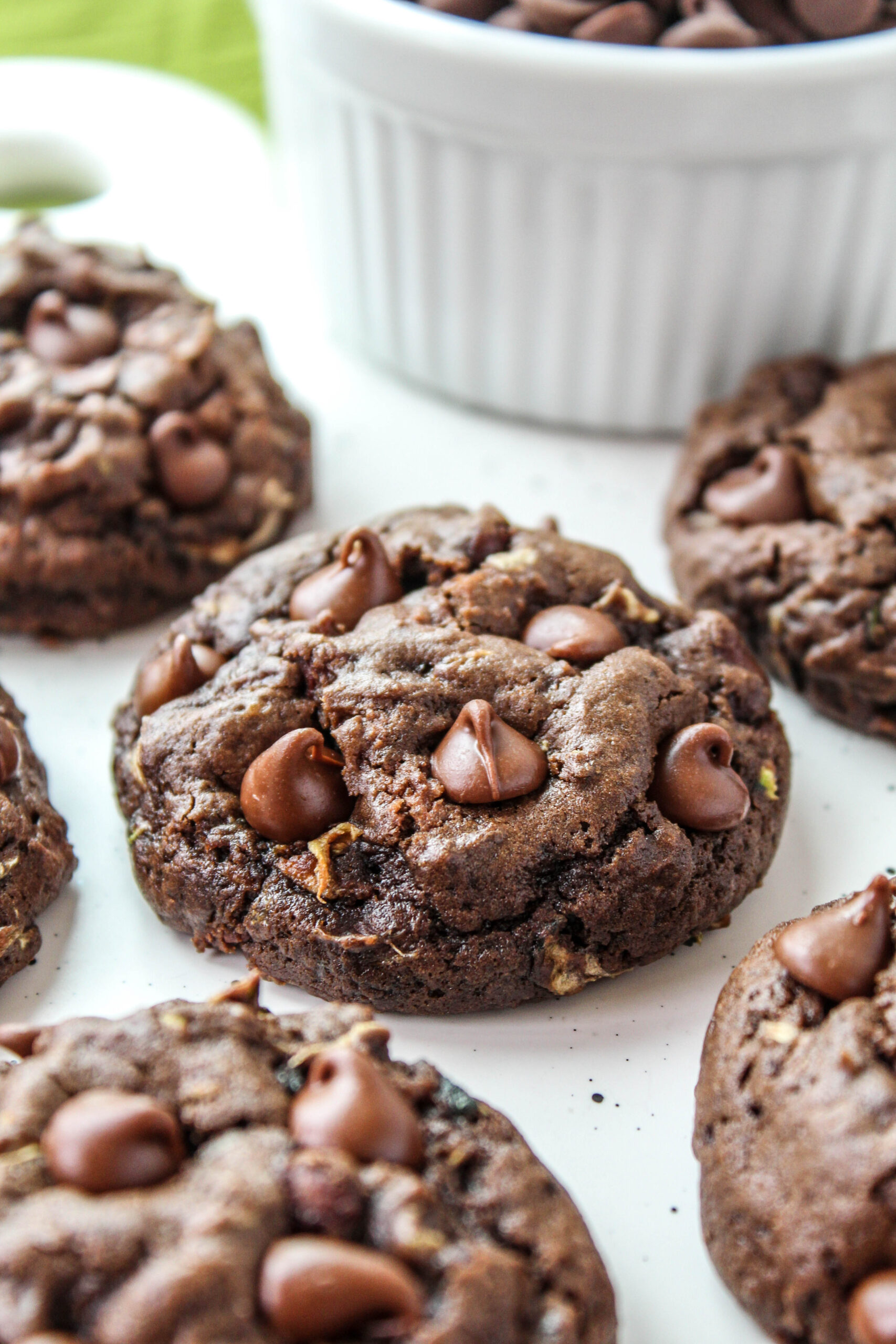 Soft chocolate zucchini cookies with melty chocolate chips on top