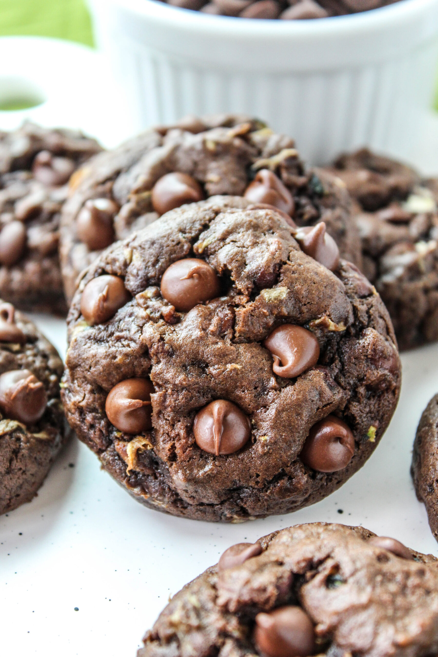 Close-up of fudgy zucchini cookies packed with chocolate chips