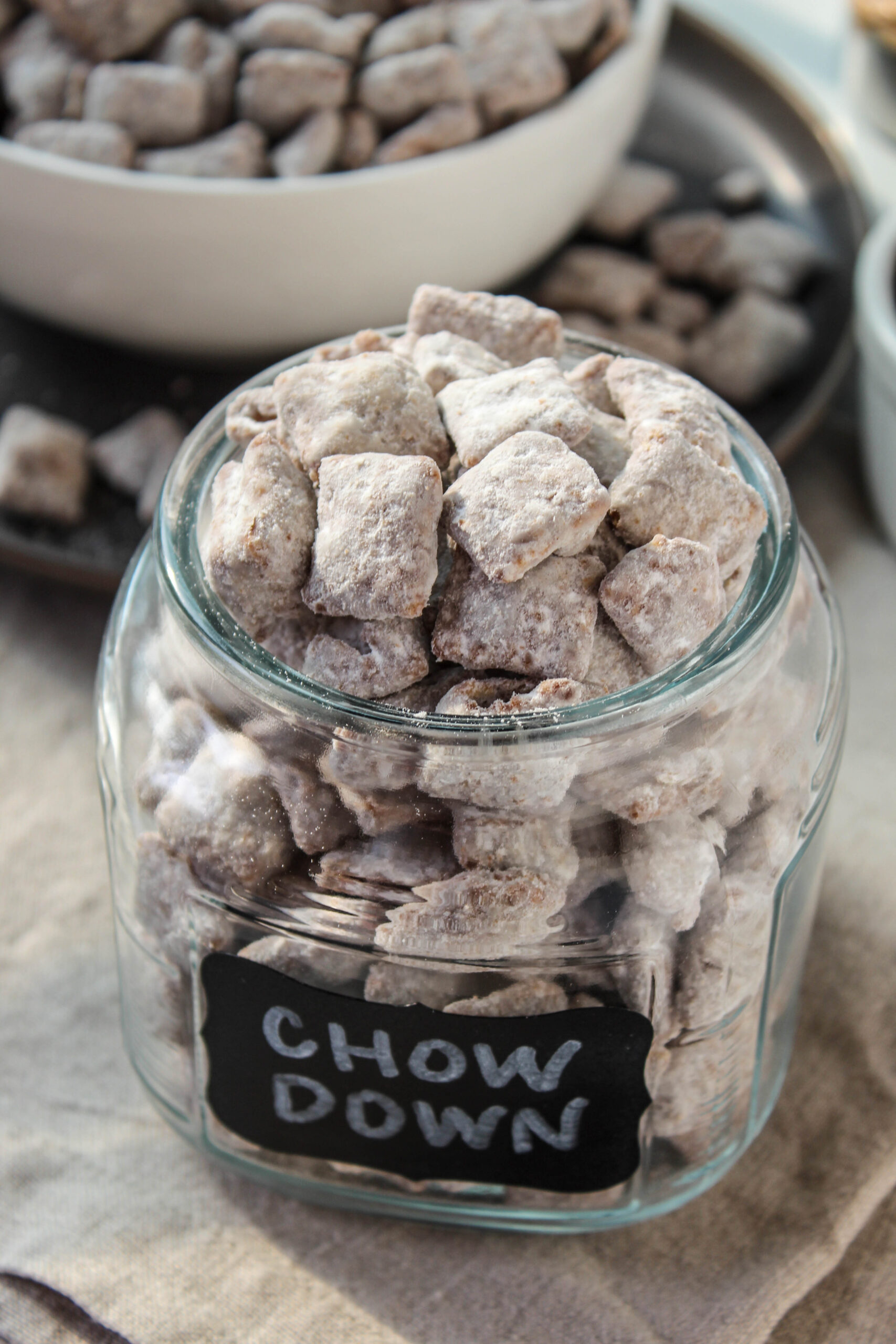 best puppy chow snack mix with chocolate and powdered sugar coating