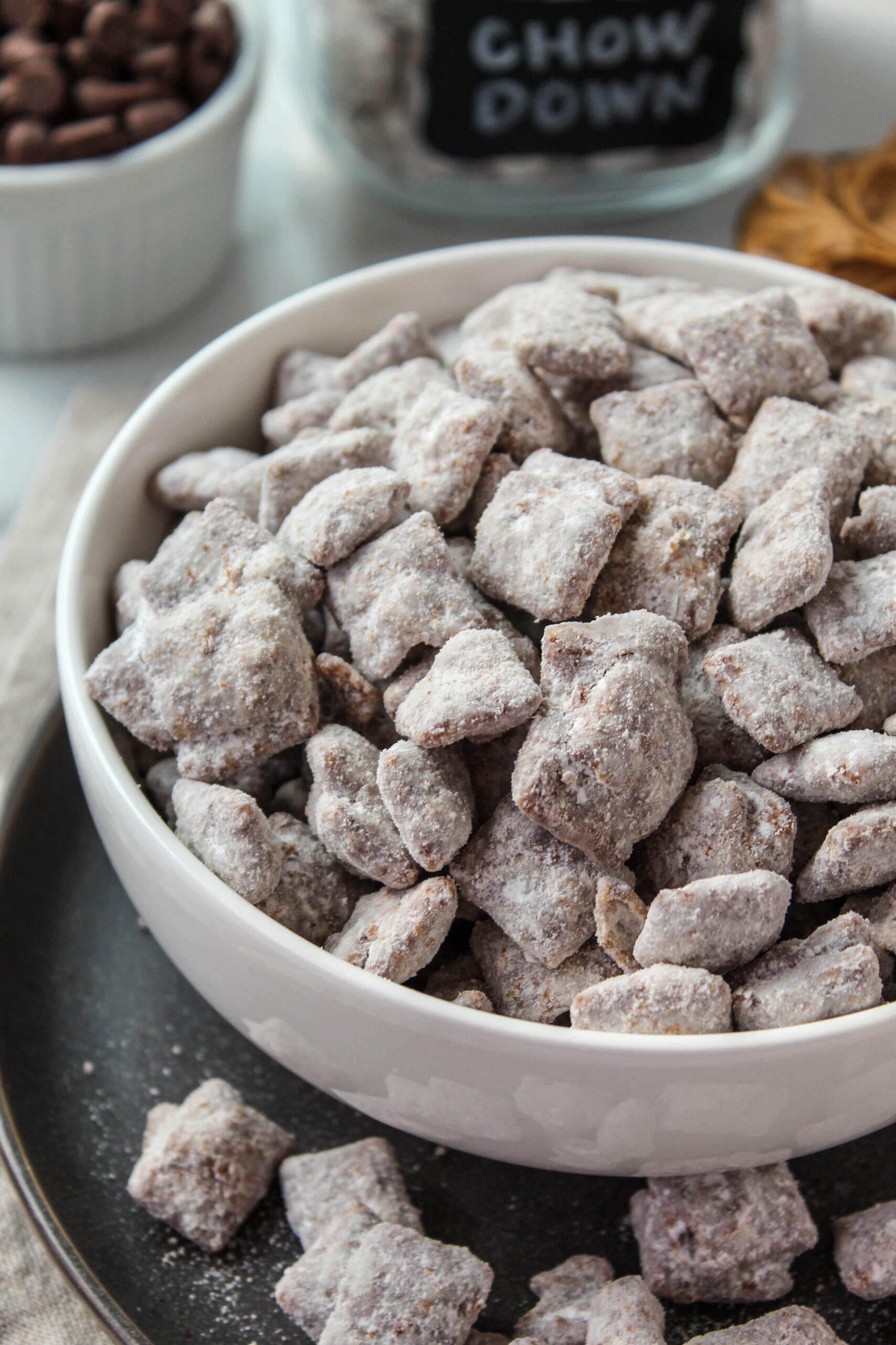 sweet and crunchy puppy chow snack mix close-up