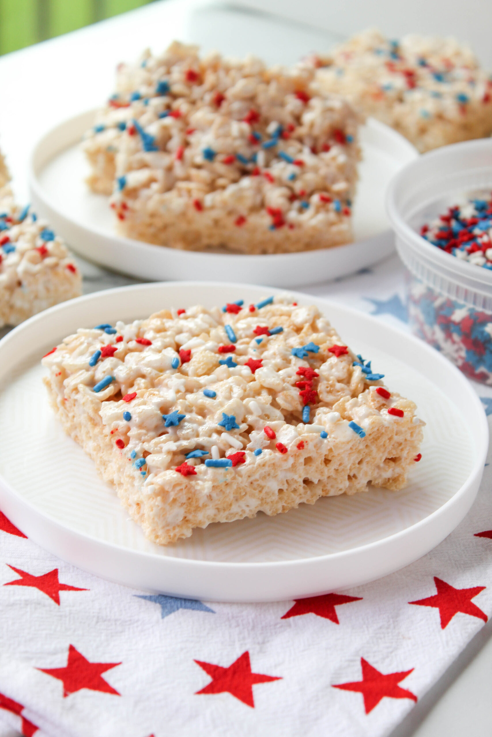 4th of July Rice Krispie treats with red white and blue sprinkles