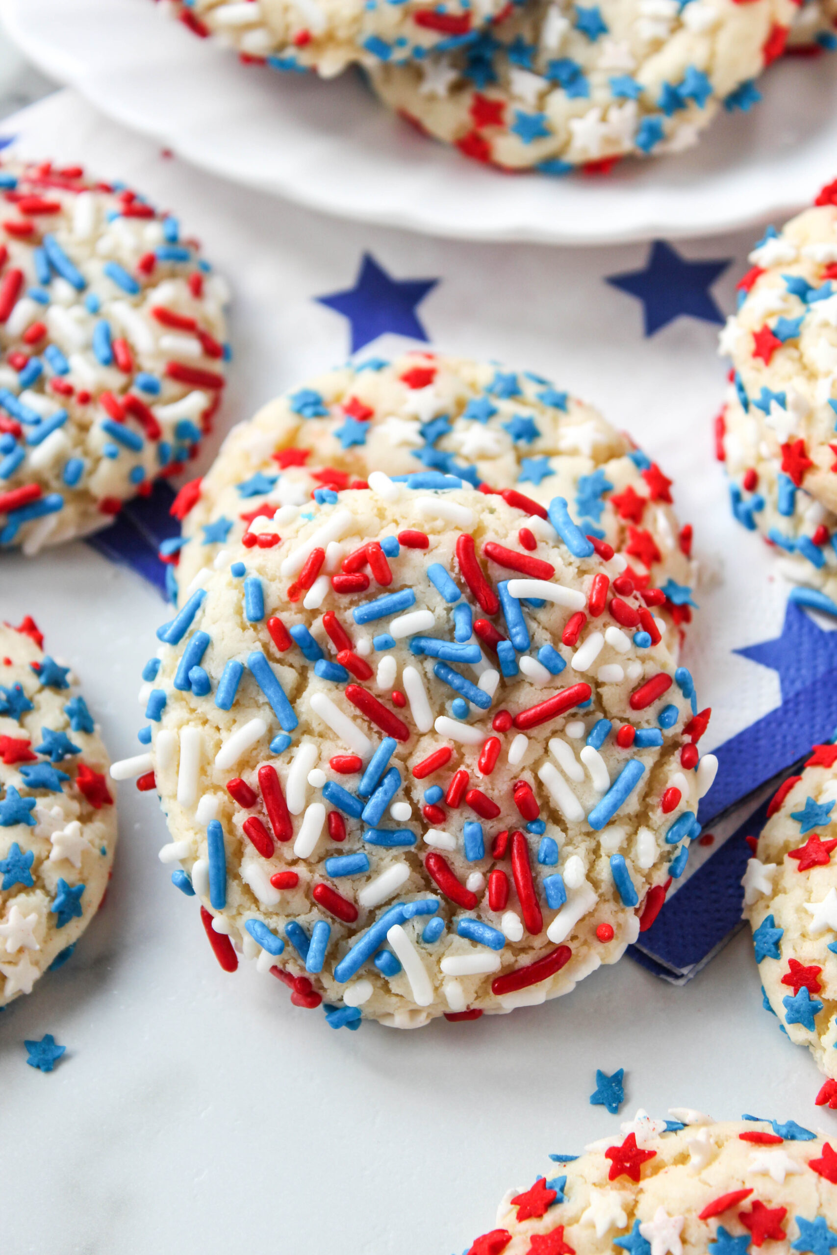 Patriotic cookies made with cake mix and festive sprinkles