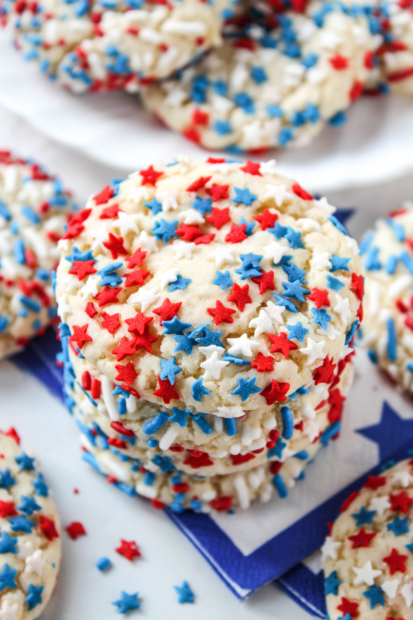 4th of July sprinkle cake mix cookies with red white and blue sprinkles