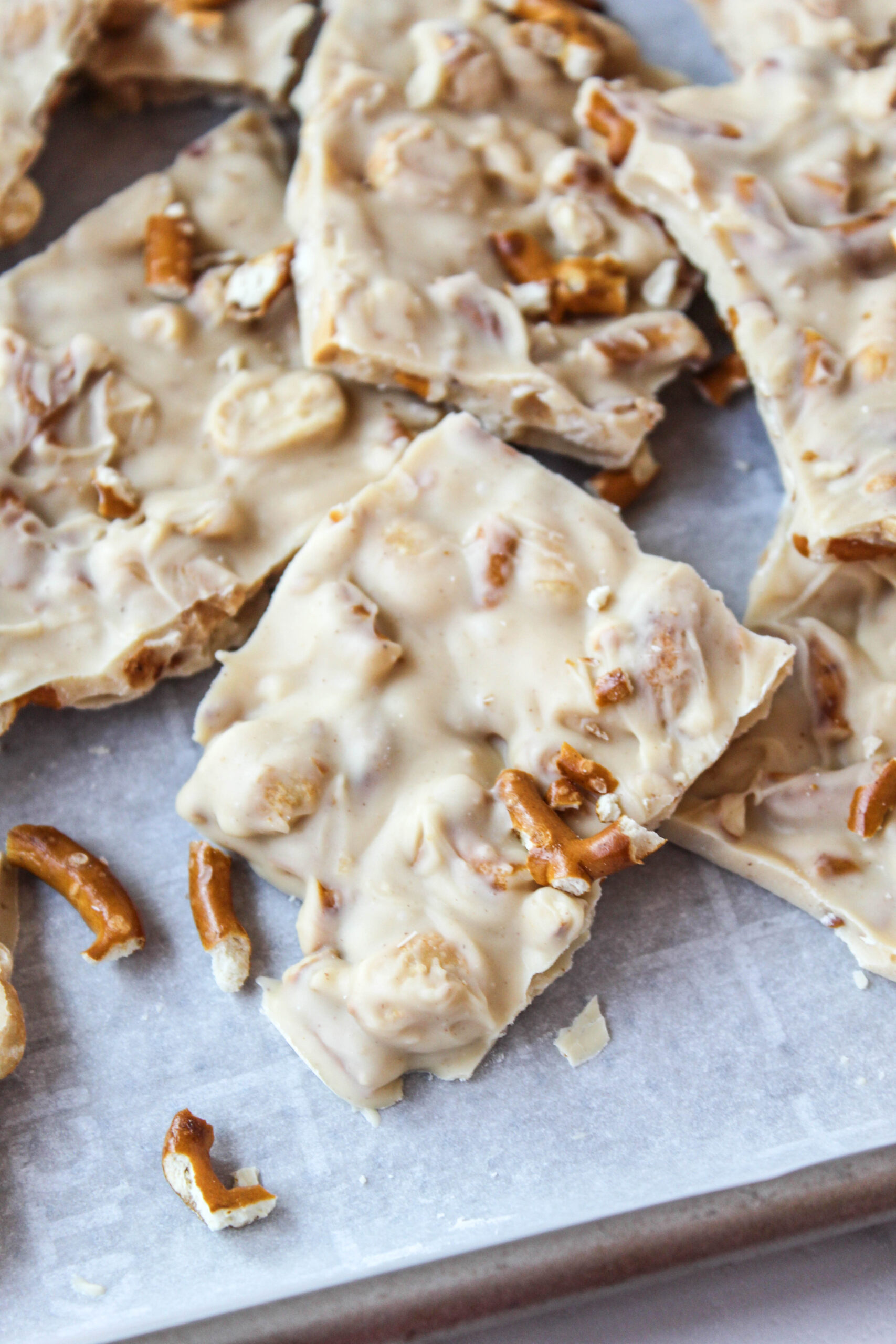 Chocolate peanut butter pretzel bark with pretzel pieces