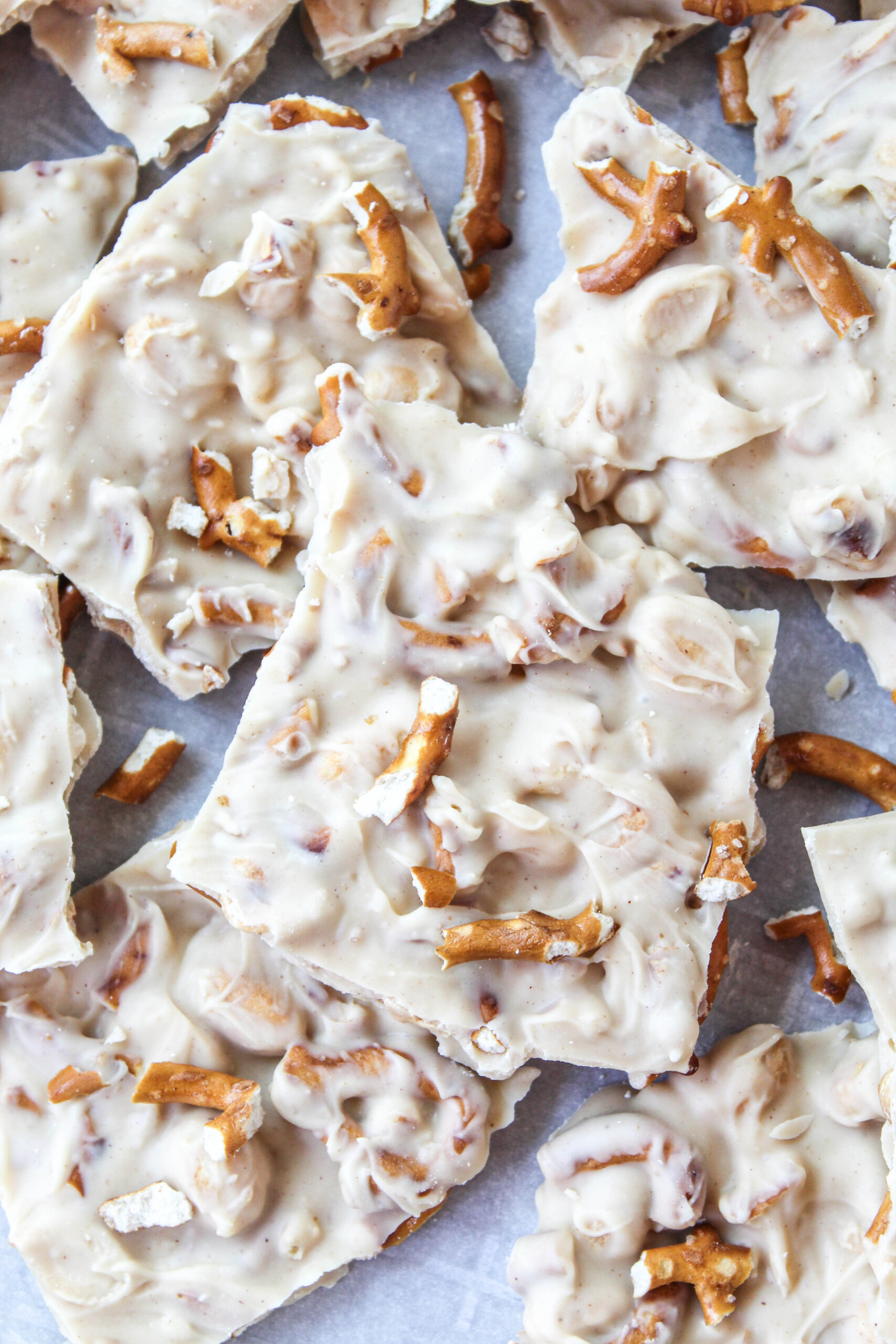 Peanut butter pretzel bark on parchment paper