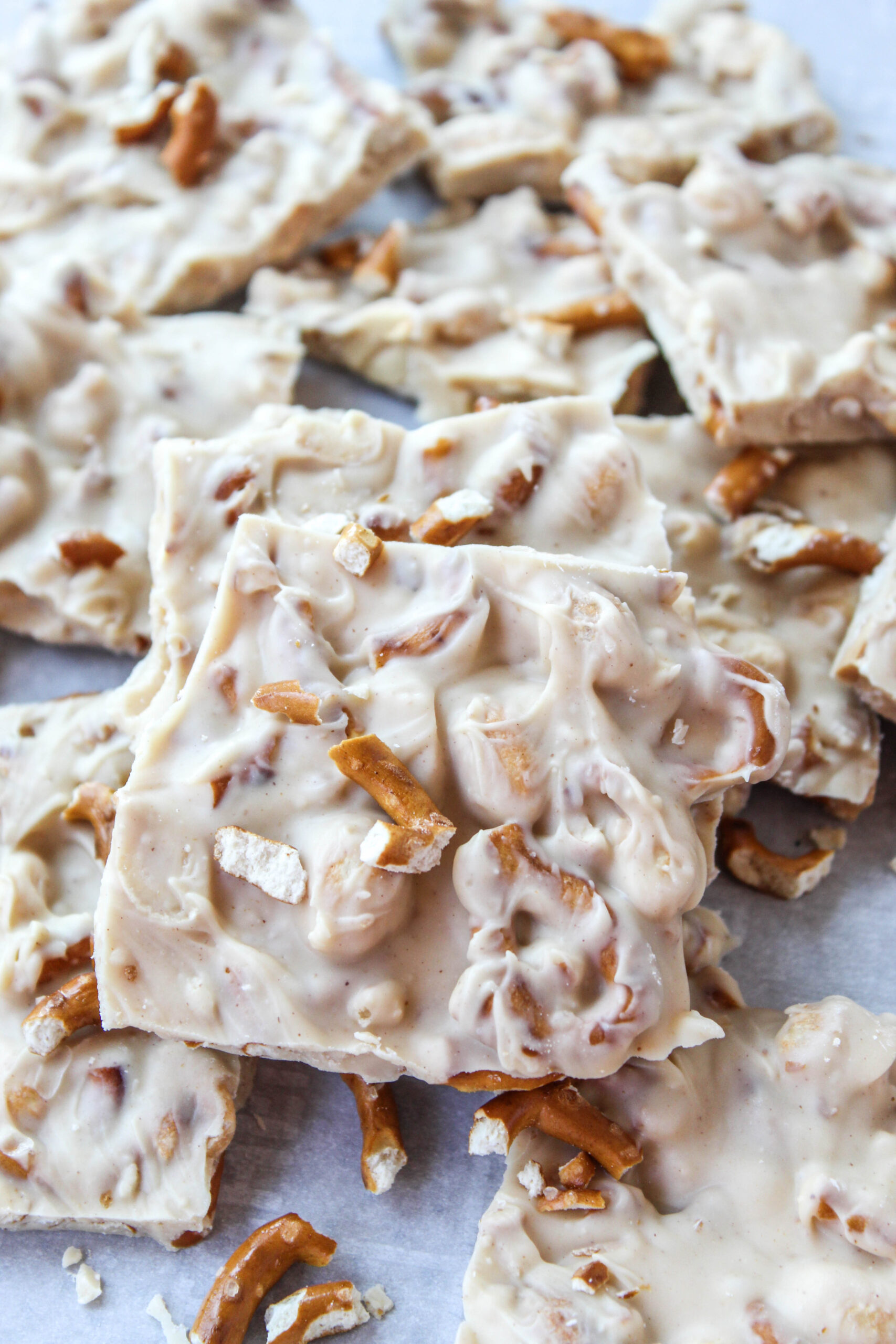 Sweet and salty peanut butter pretzel bark broken into pieces