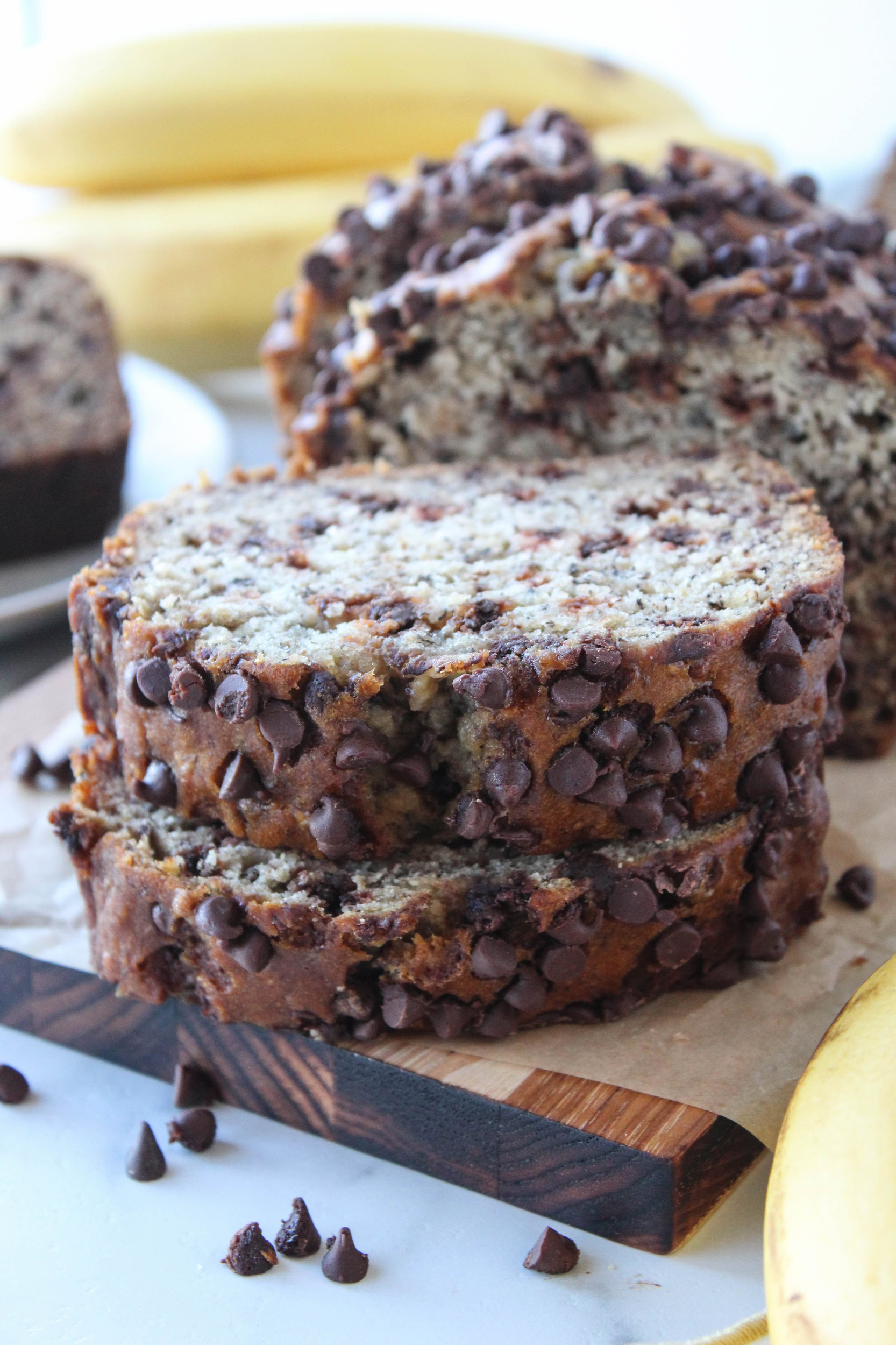 Homemade banana bread studded with melted chocolate chips
