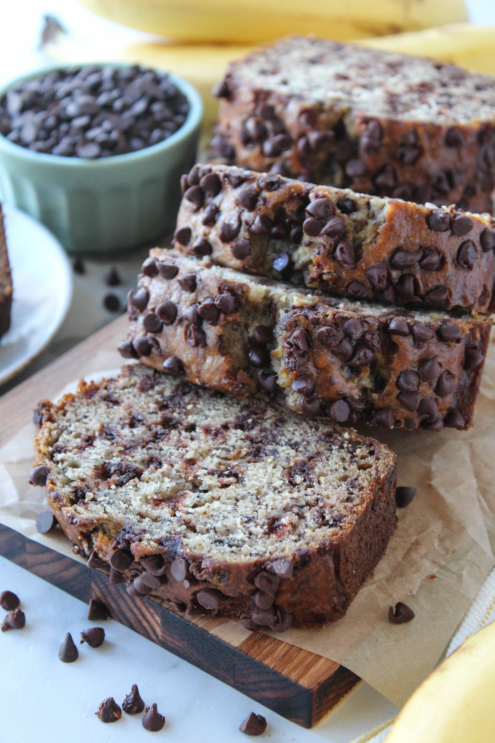 Golden brown chocolate chip banana bread fresh from the oven
