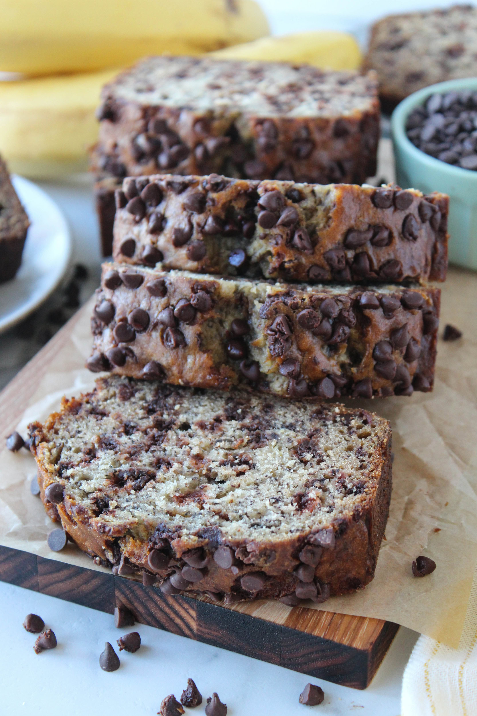 Easy chocolate chip banana bread recipe made with ripe bananas