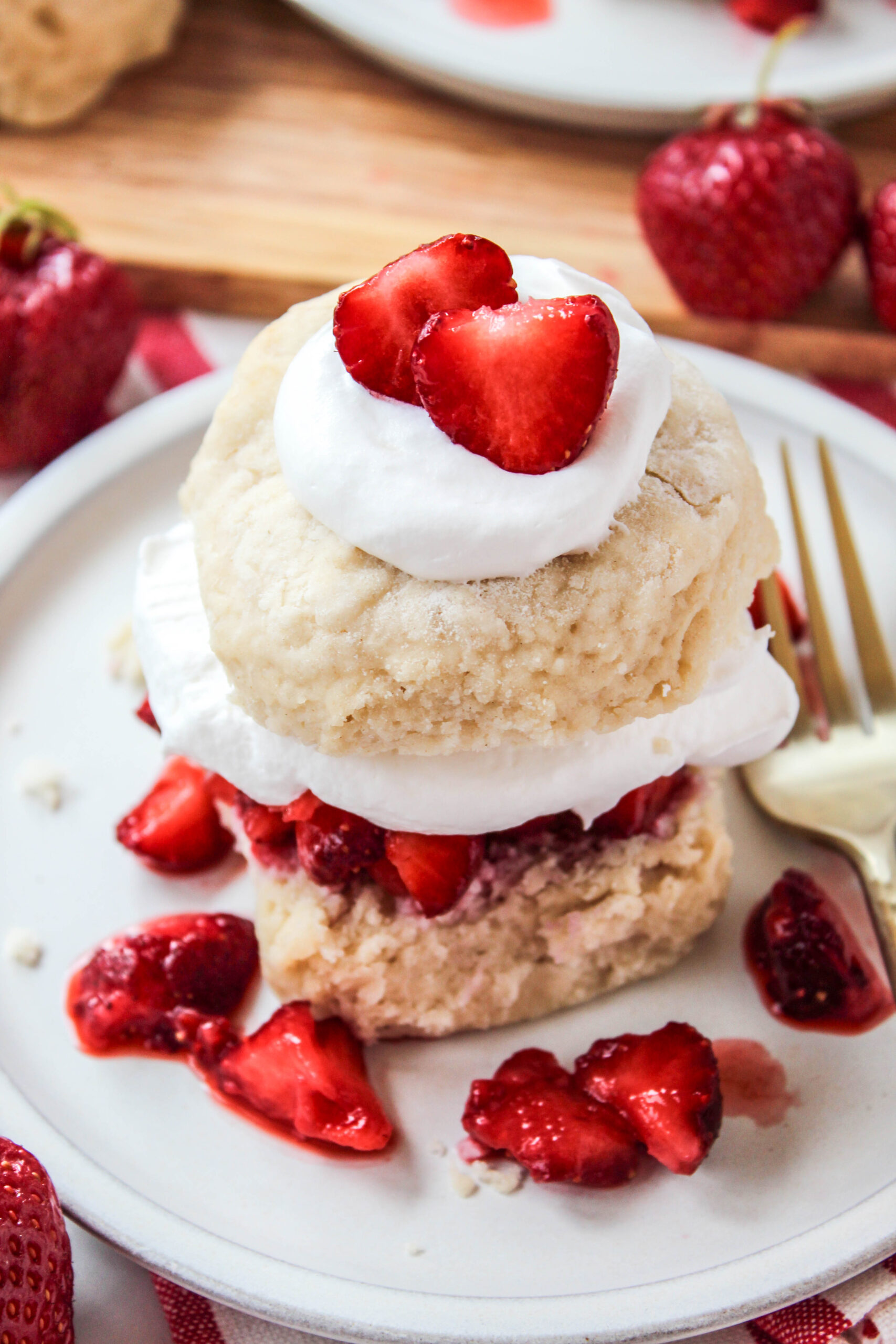 Strawberry shortcake made with tender shortcake, juicy strawberries, and whipped cream