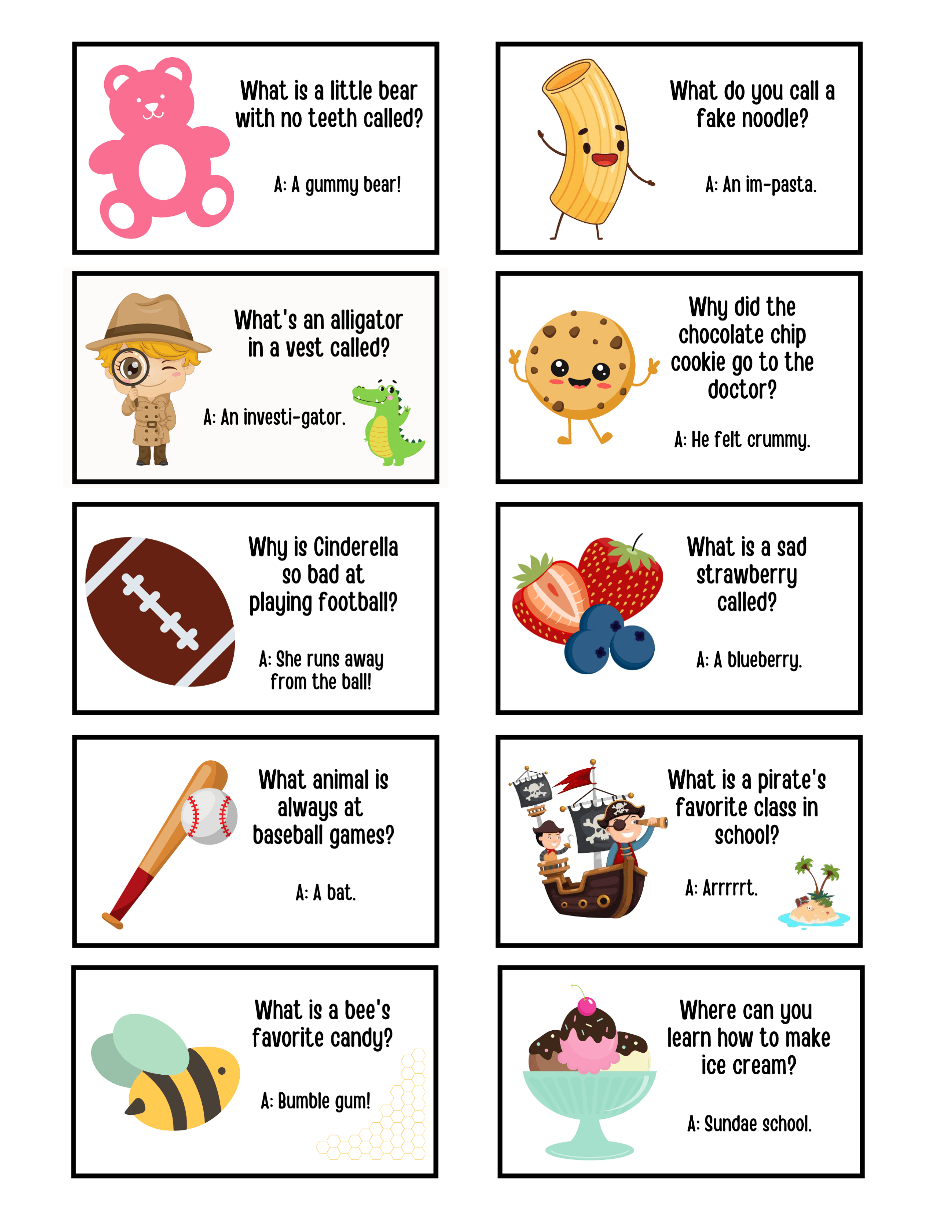 Free printable lunch box jokes featuring colorful joke cards for kids to cut out and include in school lunches
