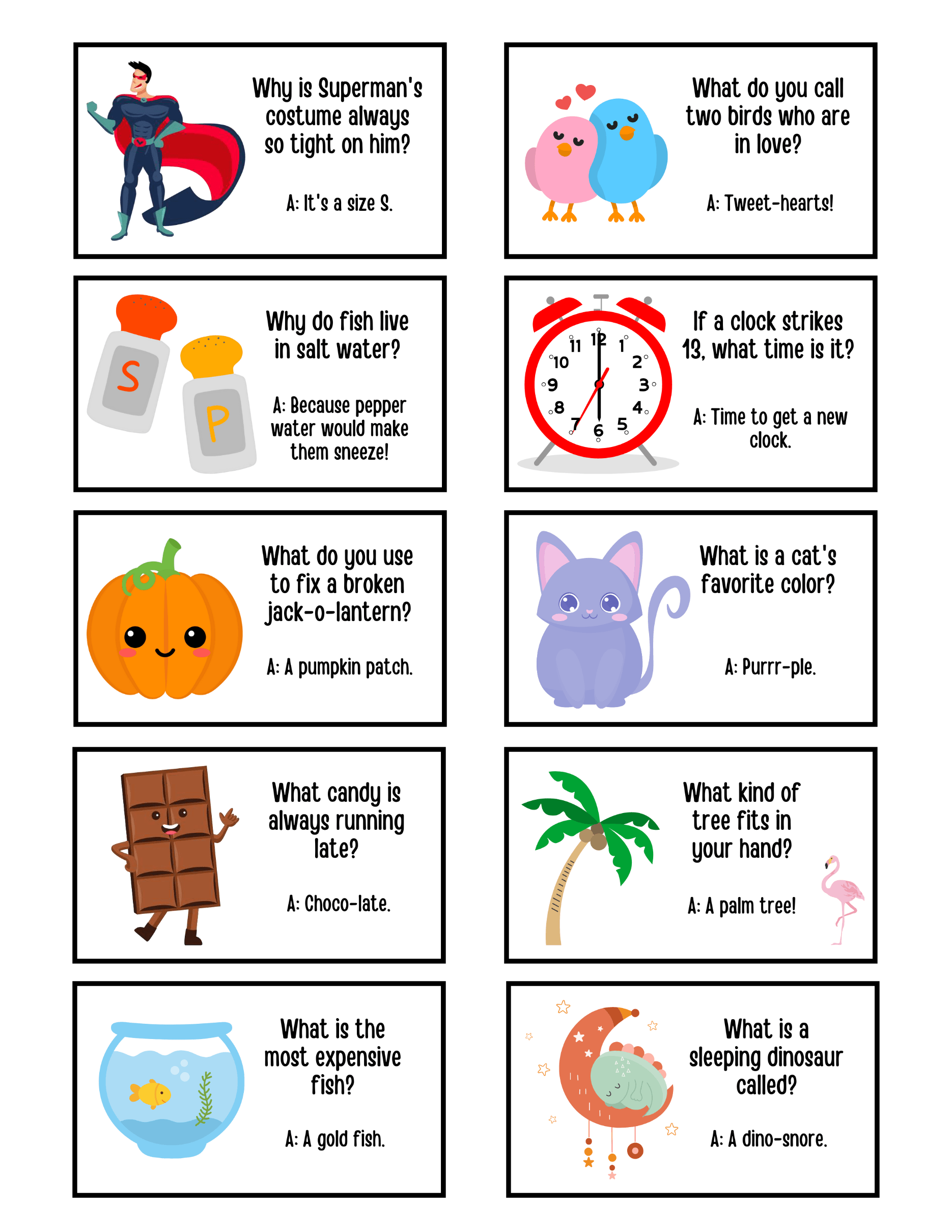 Printable sheet of kid-friendly lunch box jokes with bright illustrations and easy-to-cut cards