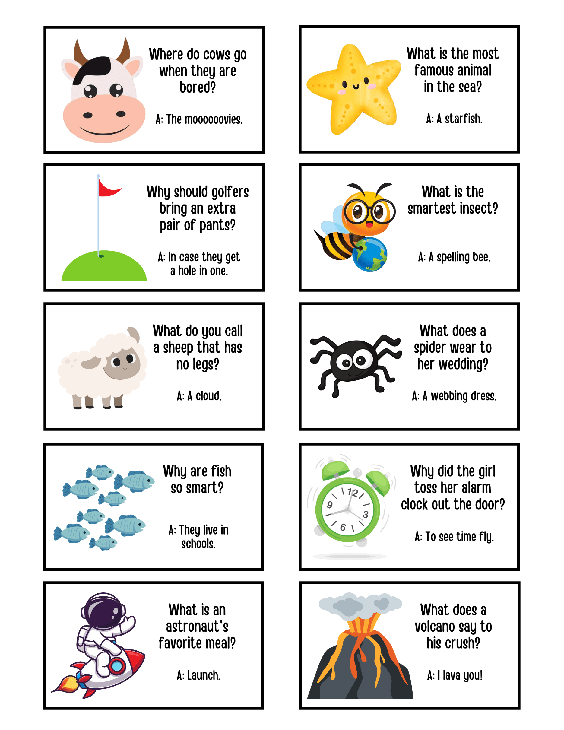 Collection of free printable lunch box joke notes with humorous riddles and cartoon graphics