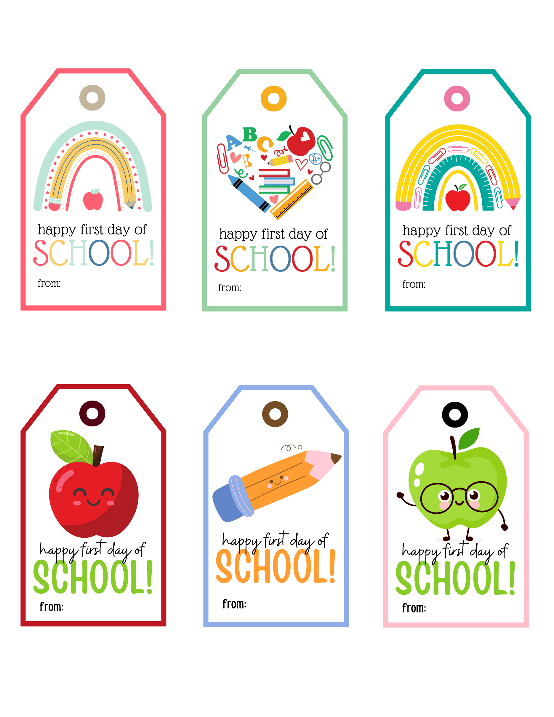 Free printable tag with a cheerful “Happy First Day of School” message and classroom illustrations