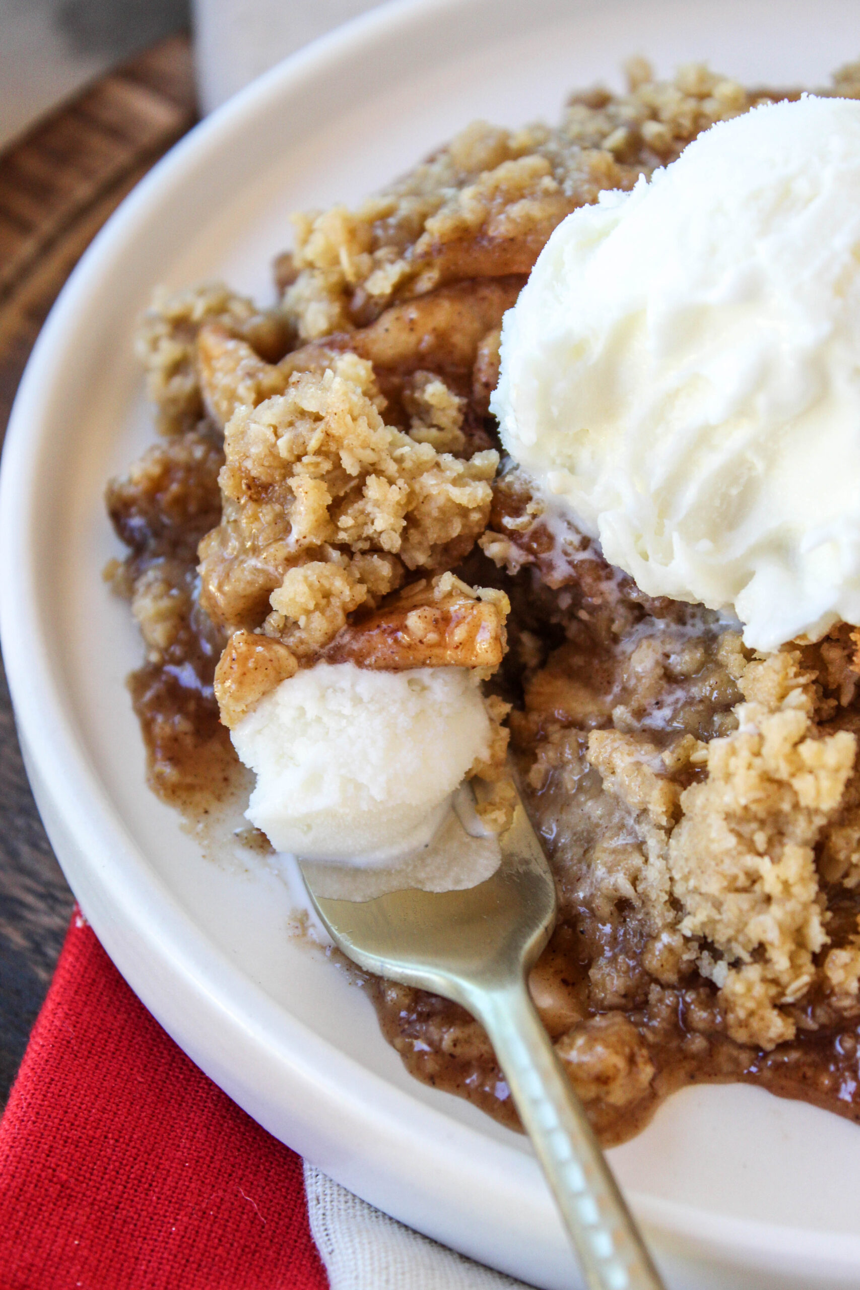 Easy apple crisp dessert with sliced apples and a crisp oat streusel baked until golden