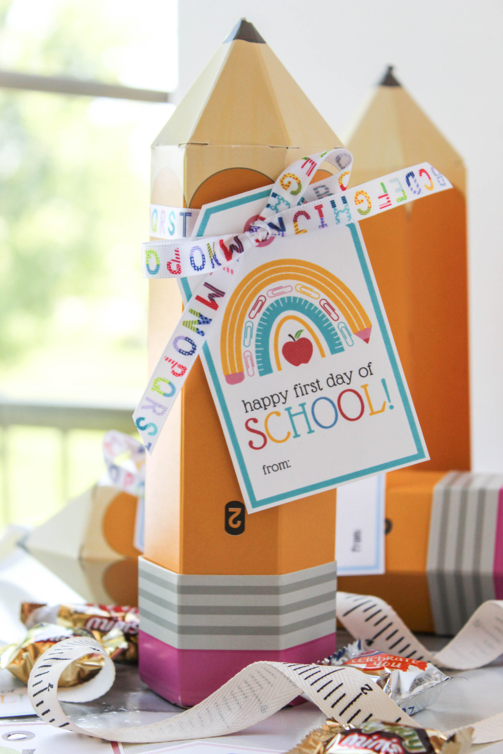 Colorful first day of school gift tag designed for student treats and teacher gifts