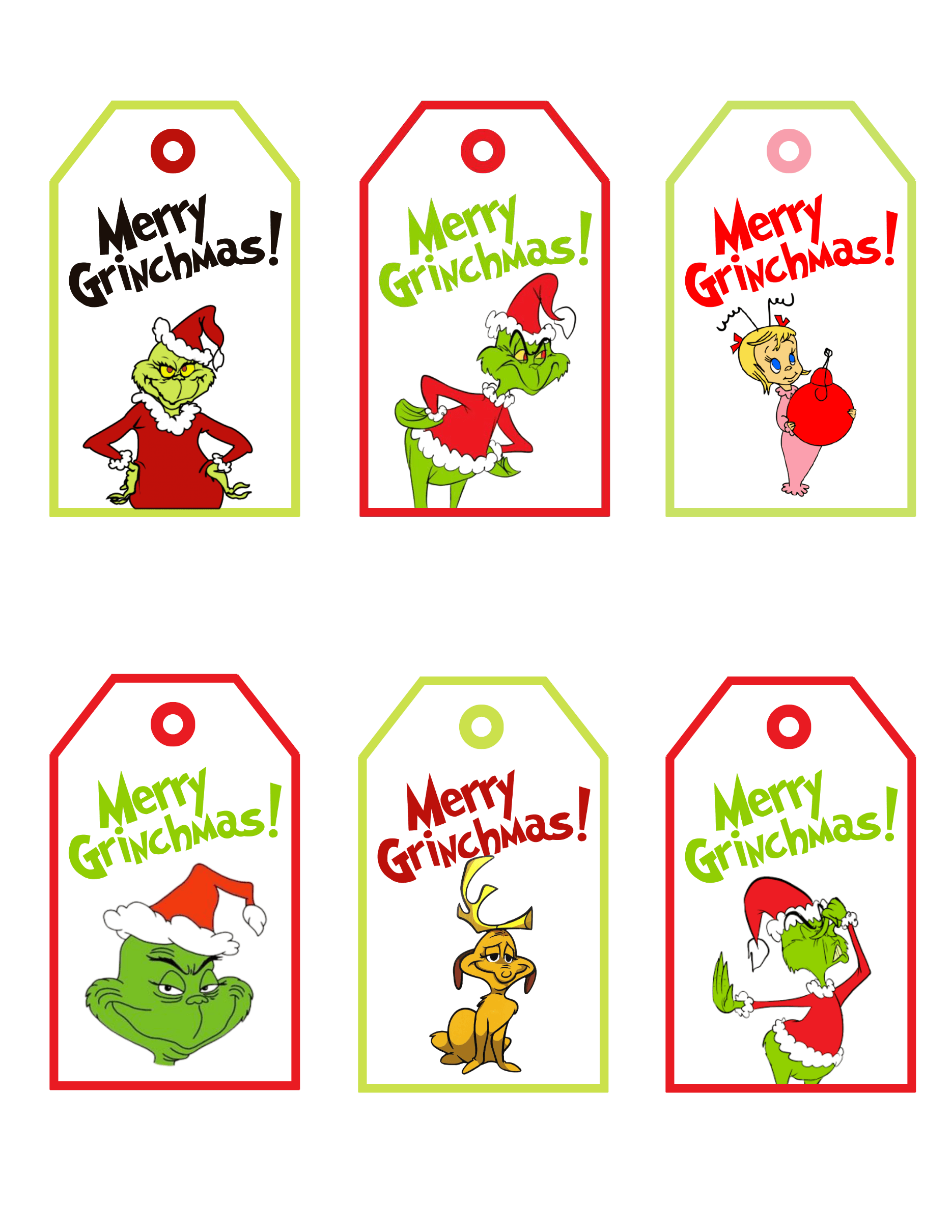 Christmas gift labels featuring a Grinch-inspired character