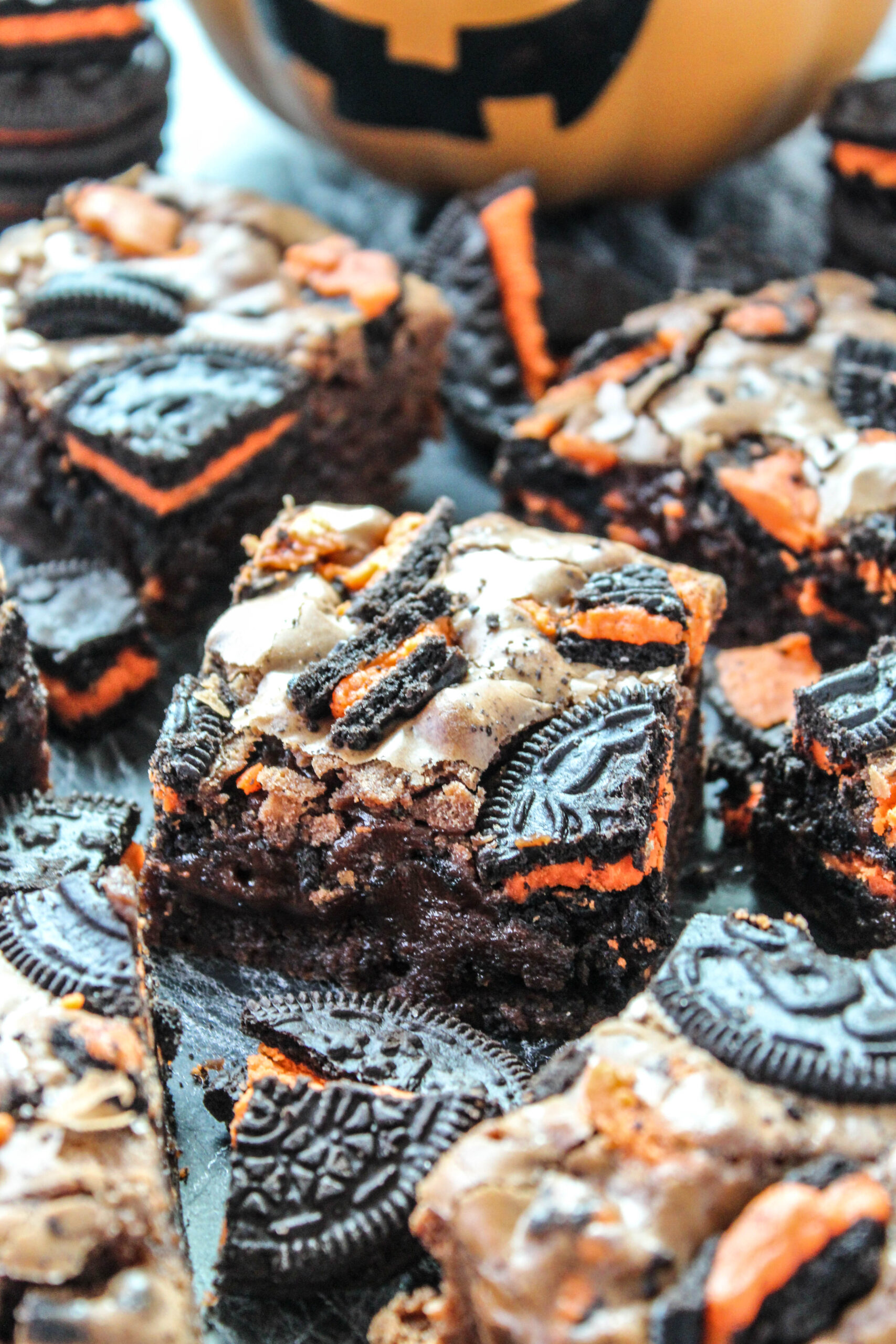 Easy Halloween brownies loaded with Oreo cookies