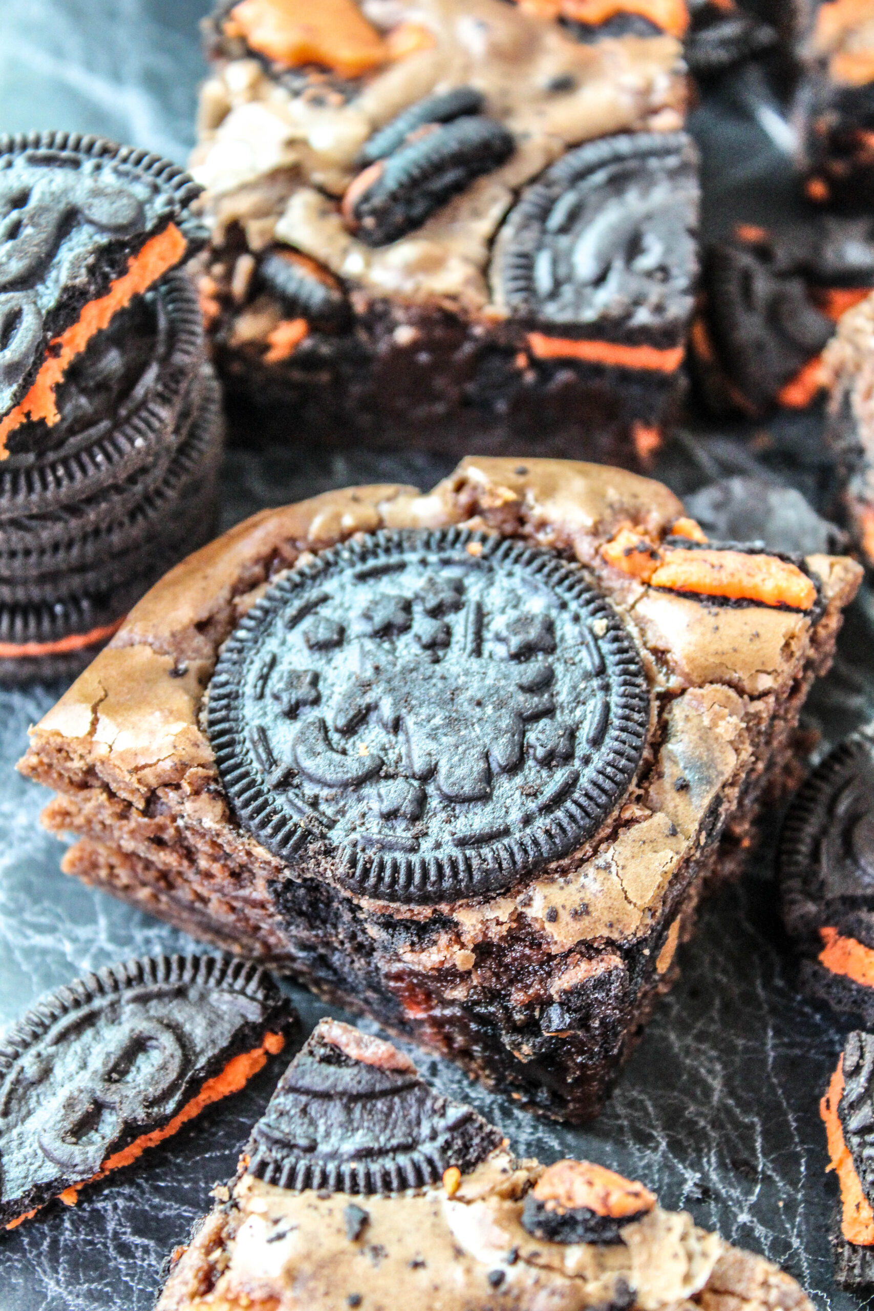 Overhead view of Halloween brownies made with Oreo cookies