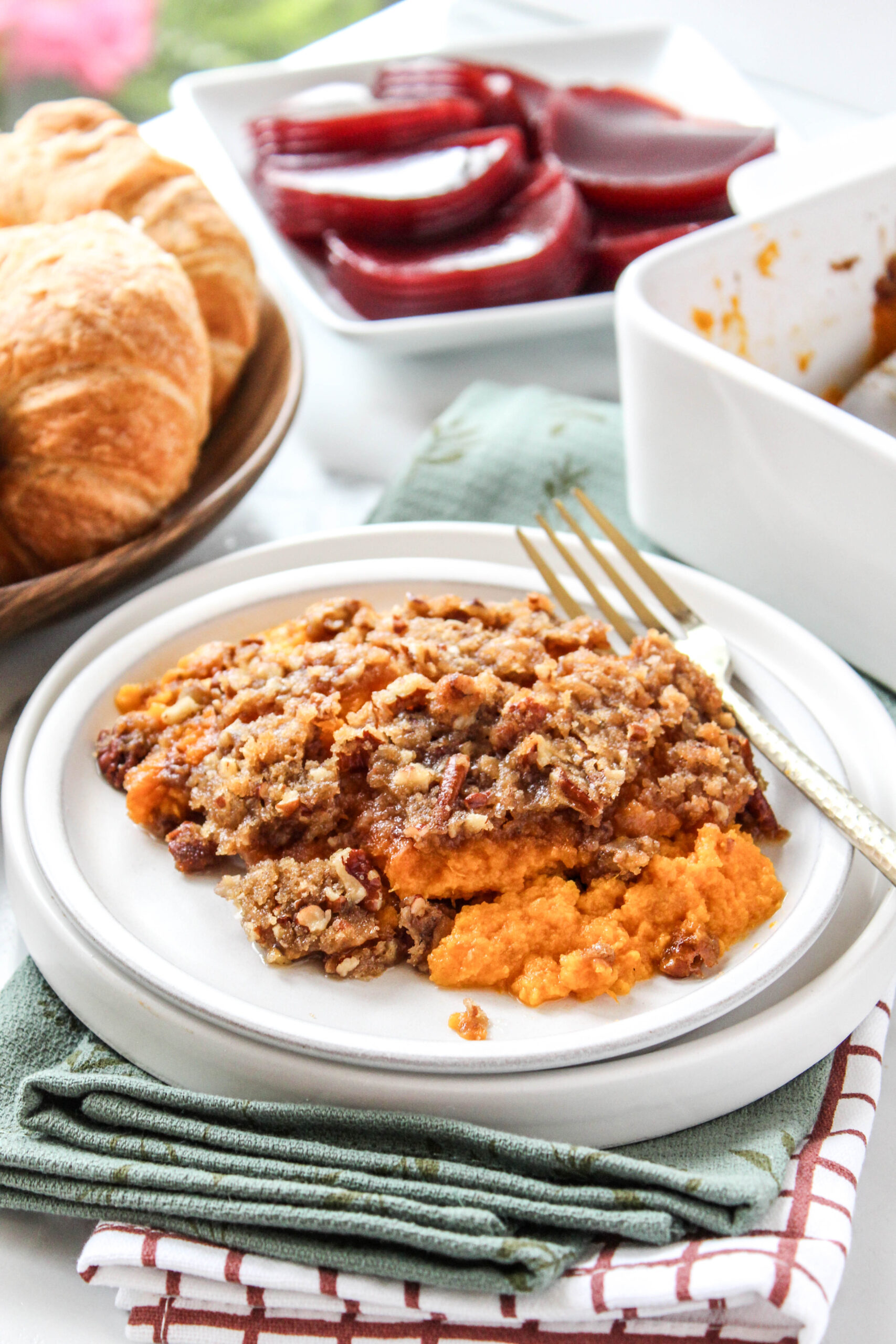 Sweet potato casserole with golden pecan praline layer
