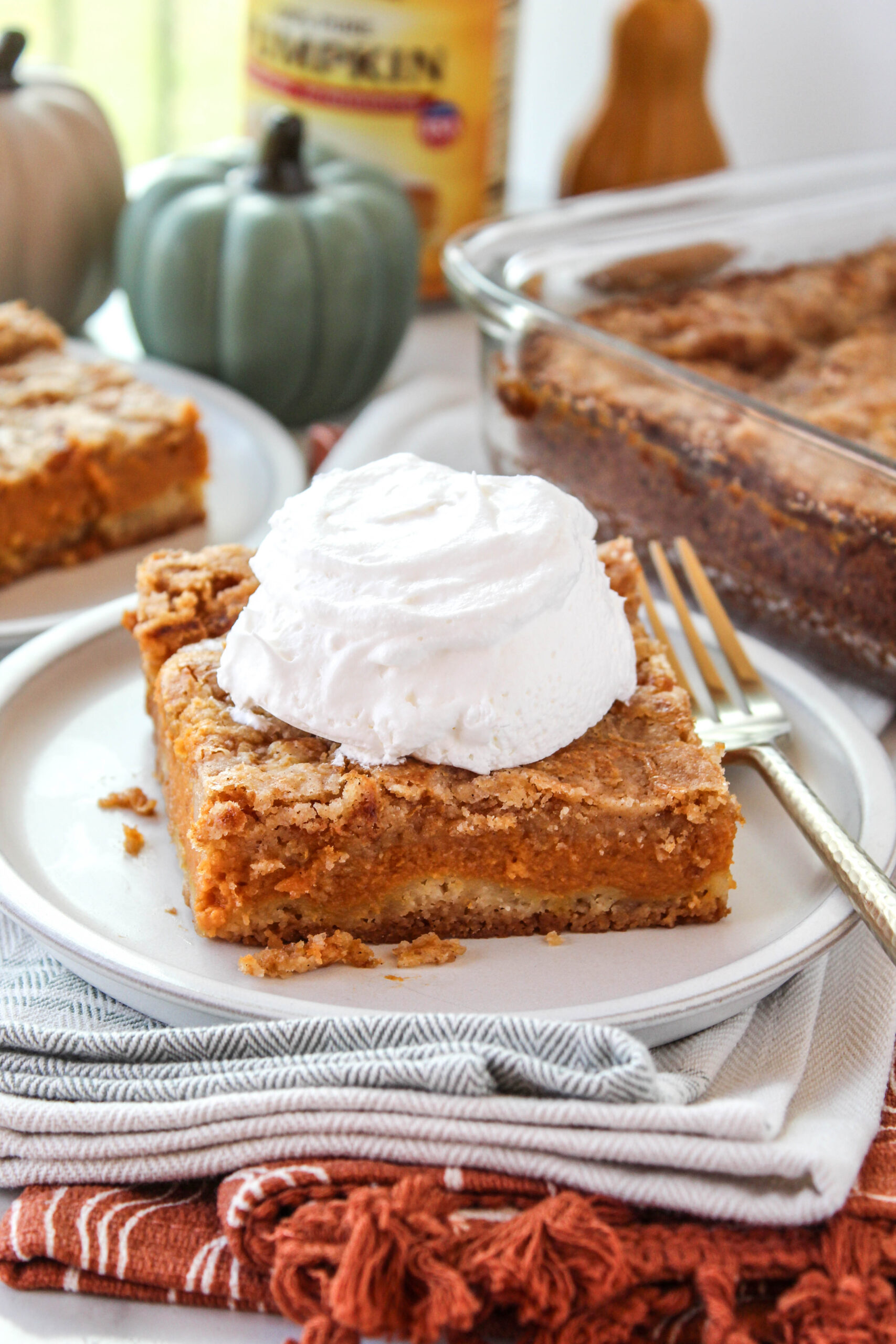 Pumpkin pie cake made with cake mix and a creamy pumpkin filling