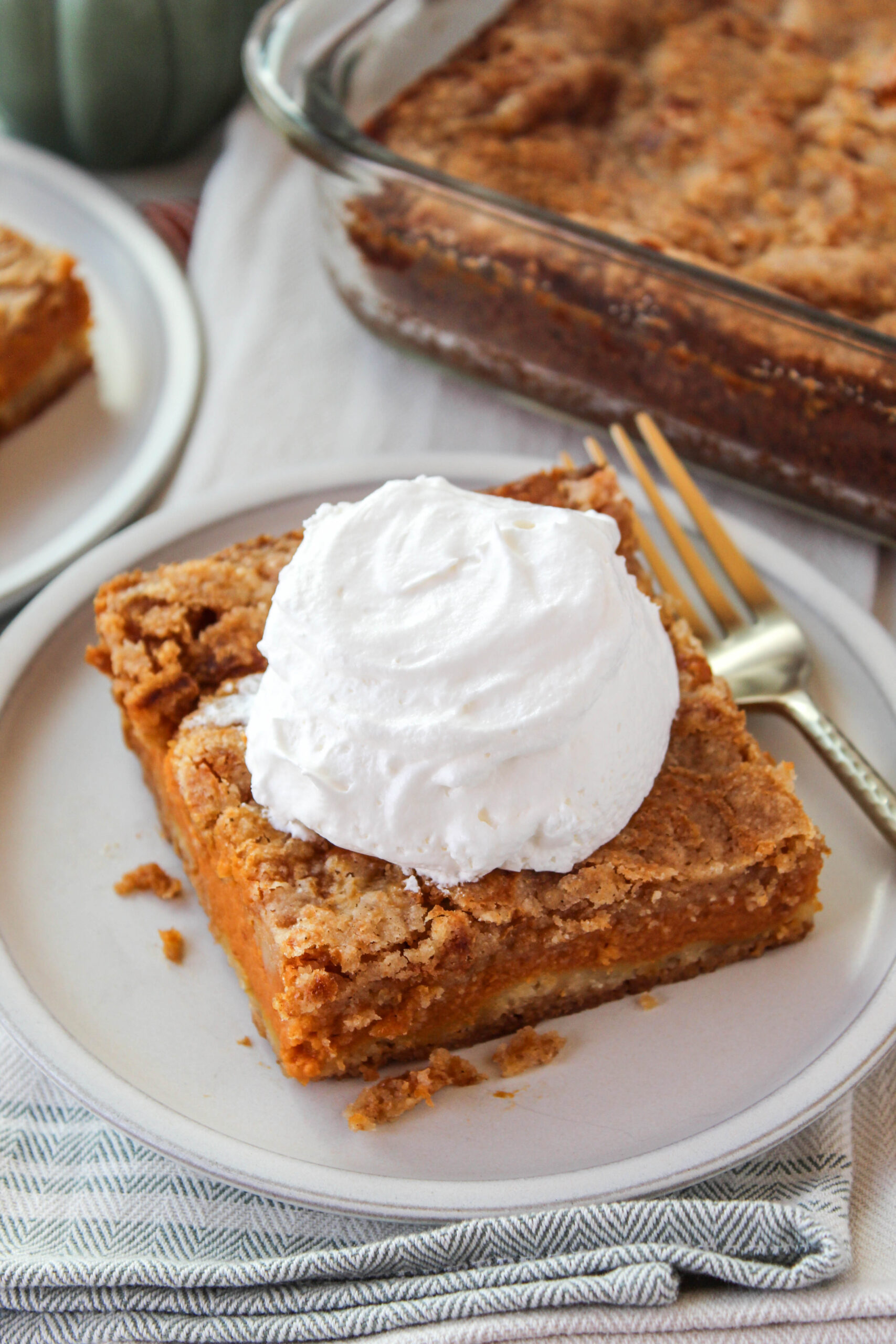Pumpkin pie cake cooling in the pan with a crisp cake mix topping