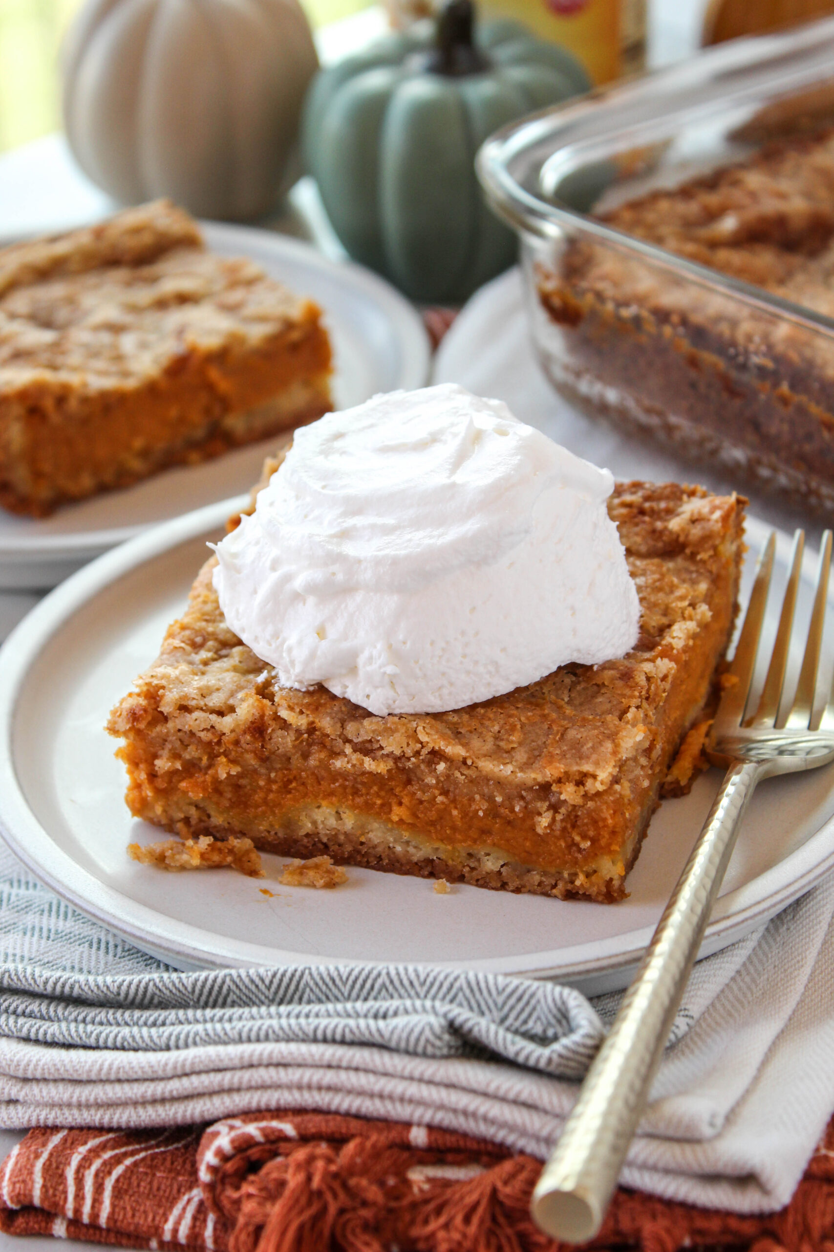 Pumpkin pie cake baked with yellow cake mix and pumpkin puree