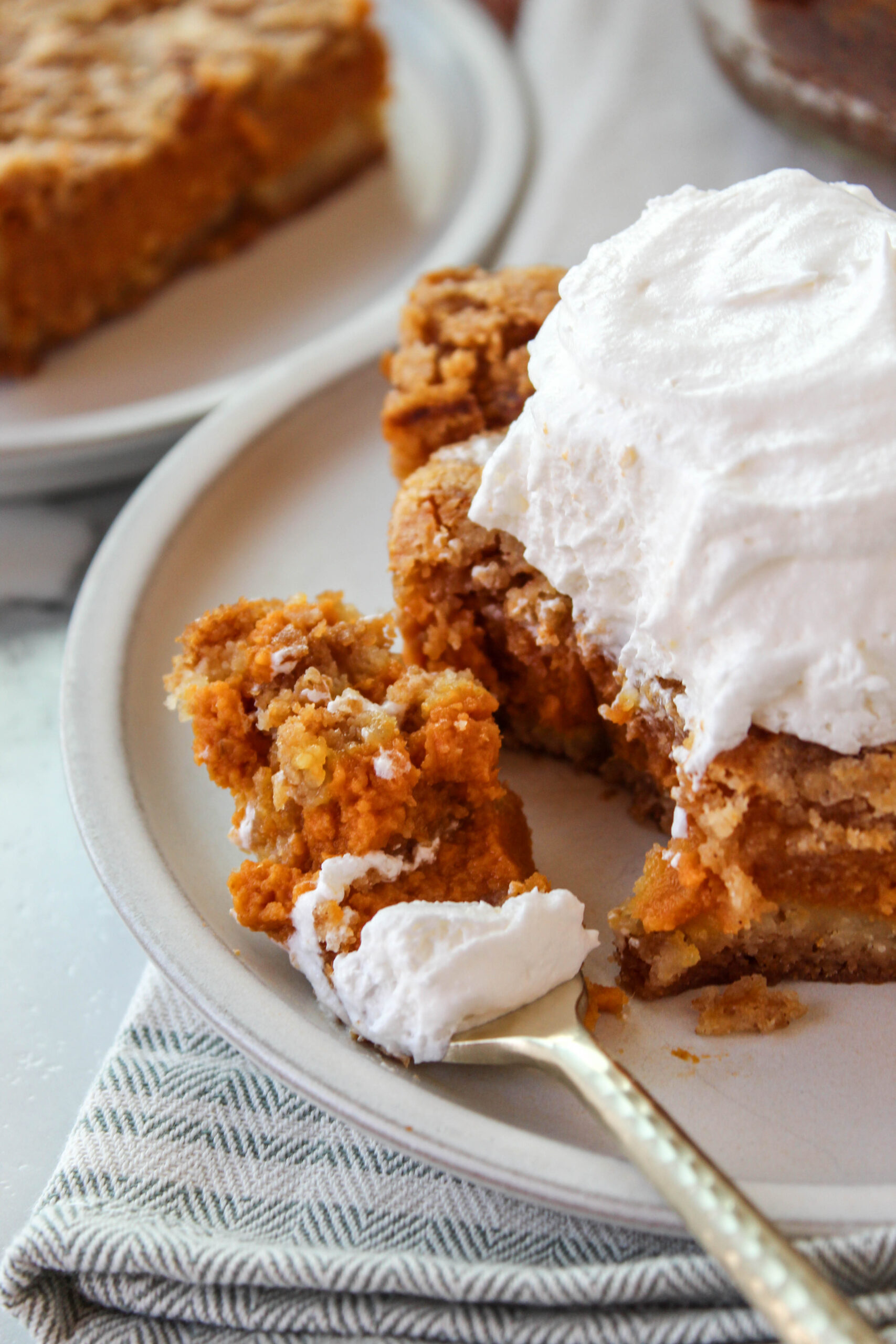 Close‑up of pumpkin pie cake with warm fall spices and moist texture