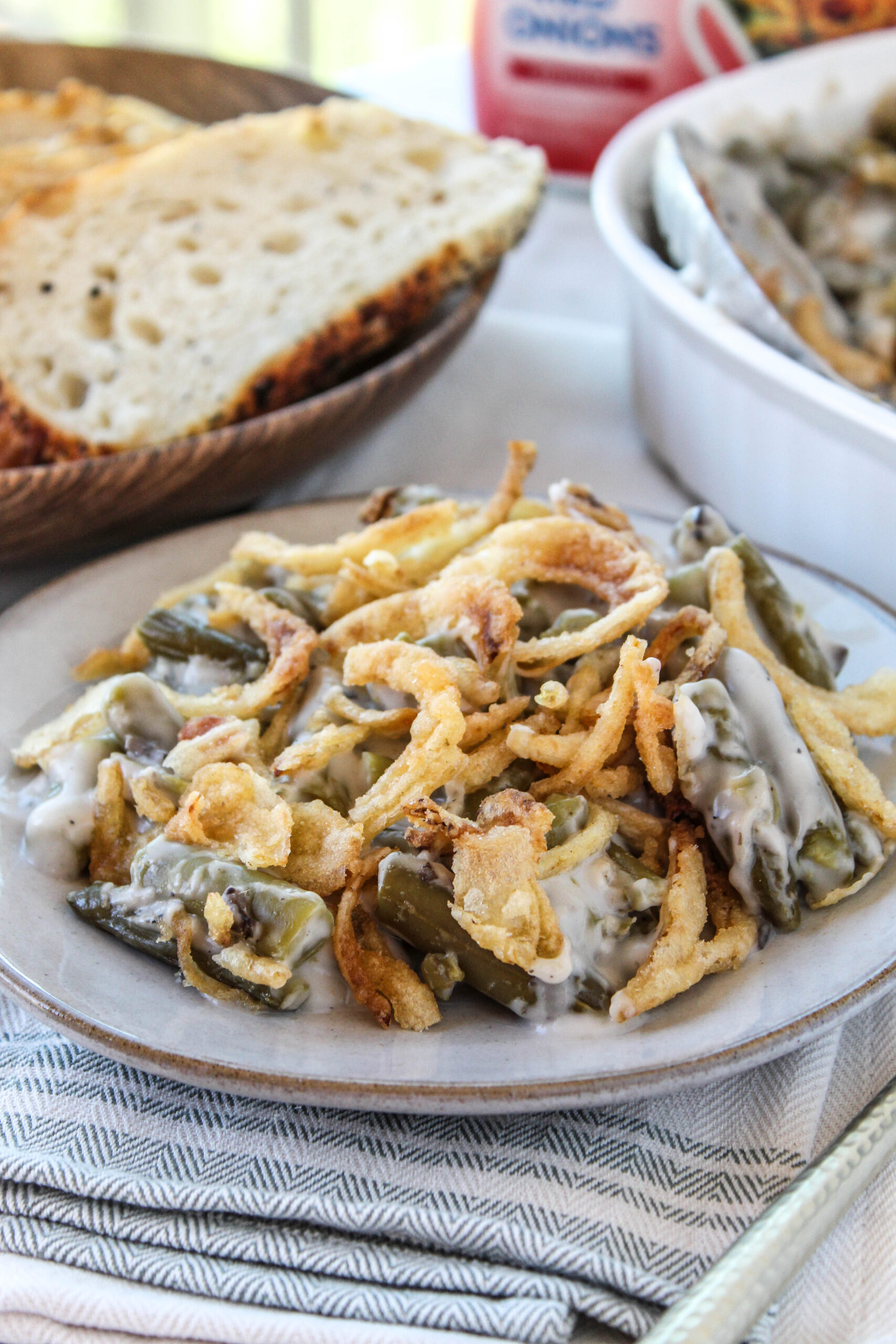 Holiday green bean casserole with golden onion topping