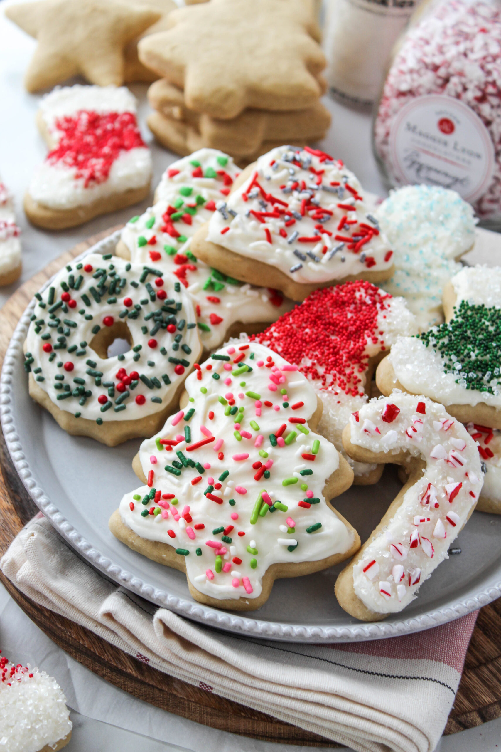 Christmas cutout cookies with thick icing and cozy holiday styling