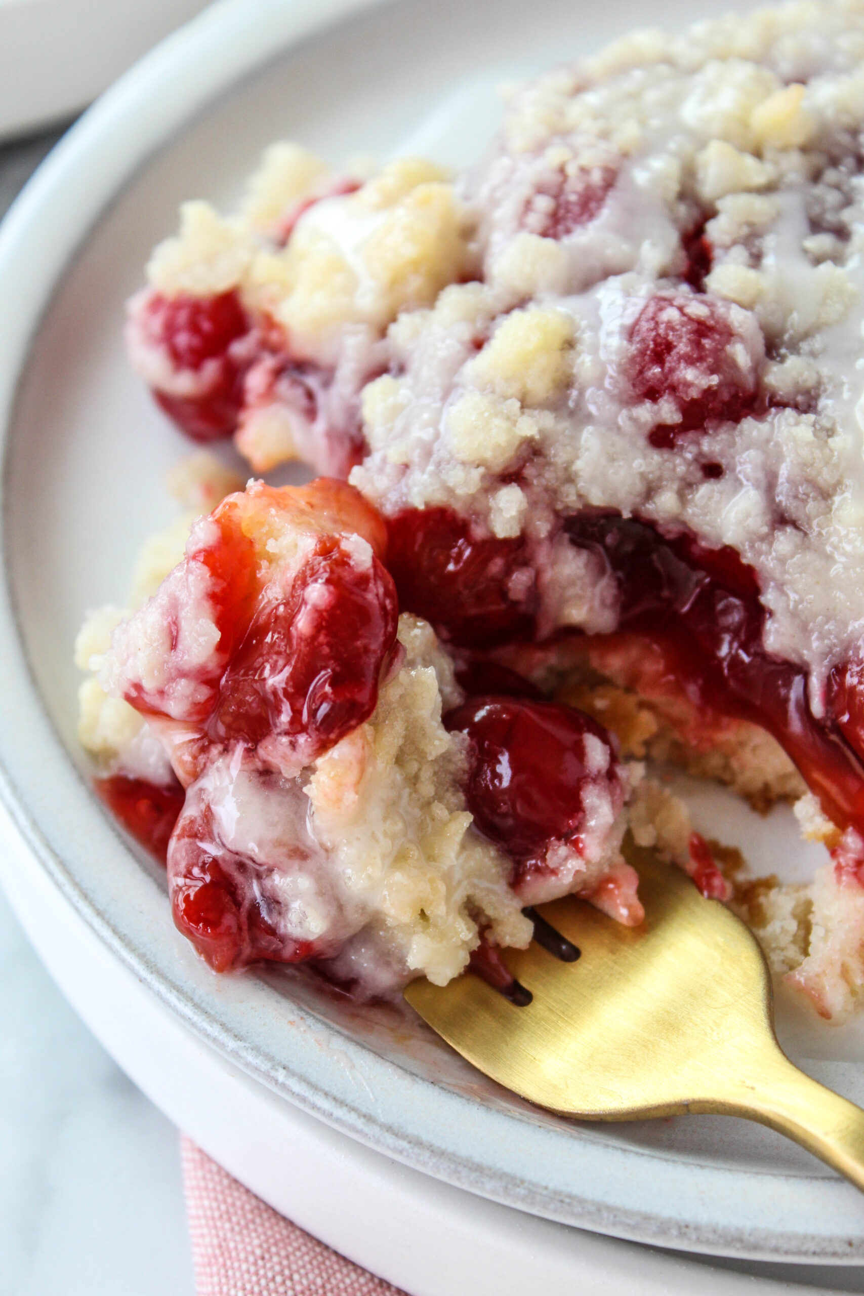 Homemade cherry coffee cake with golden brown crumb topping