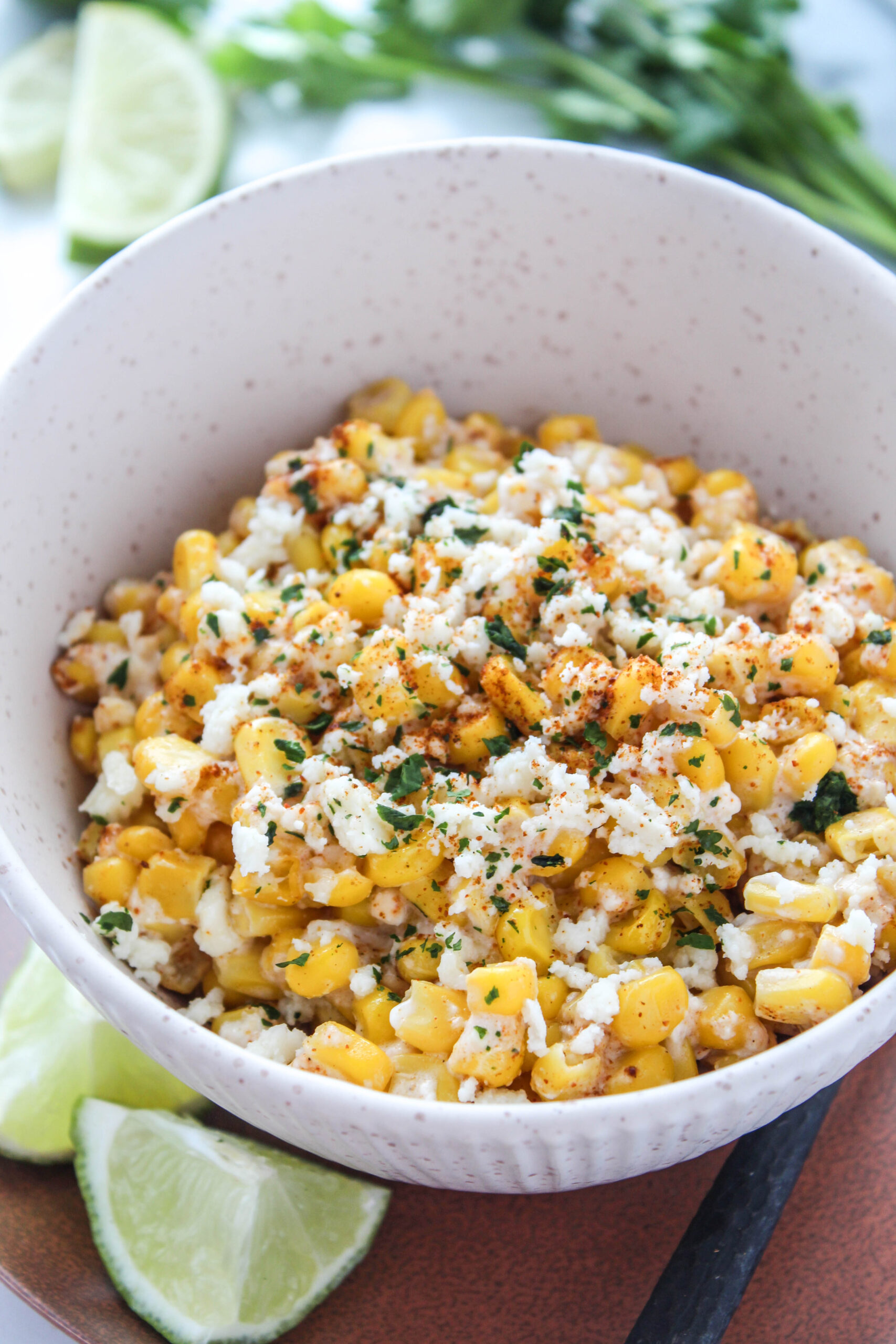 Close‑up of creamy Mexican street corn casserole