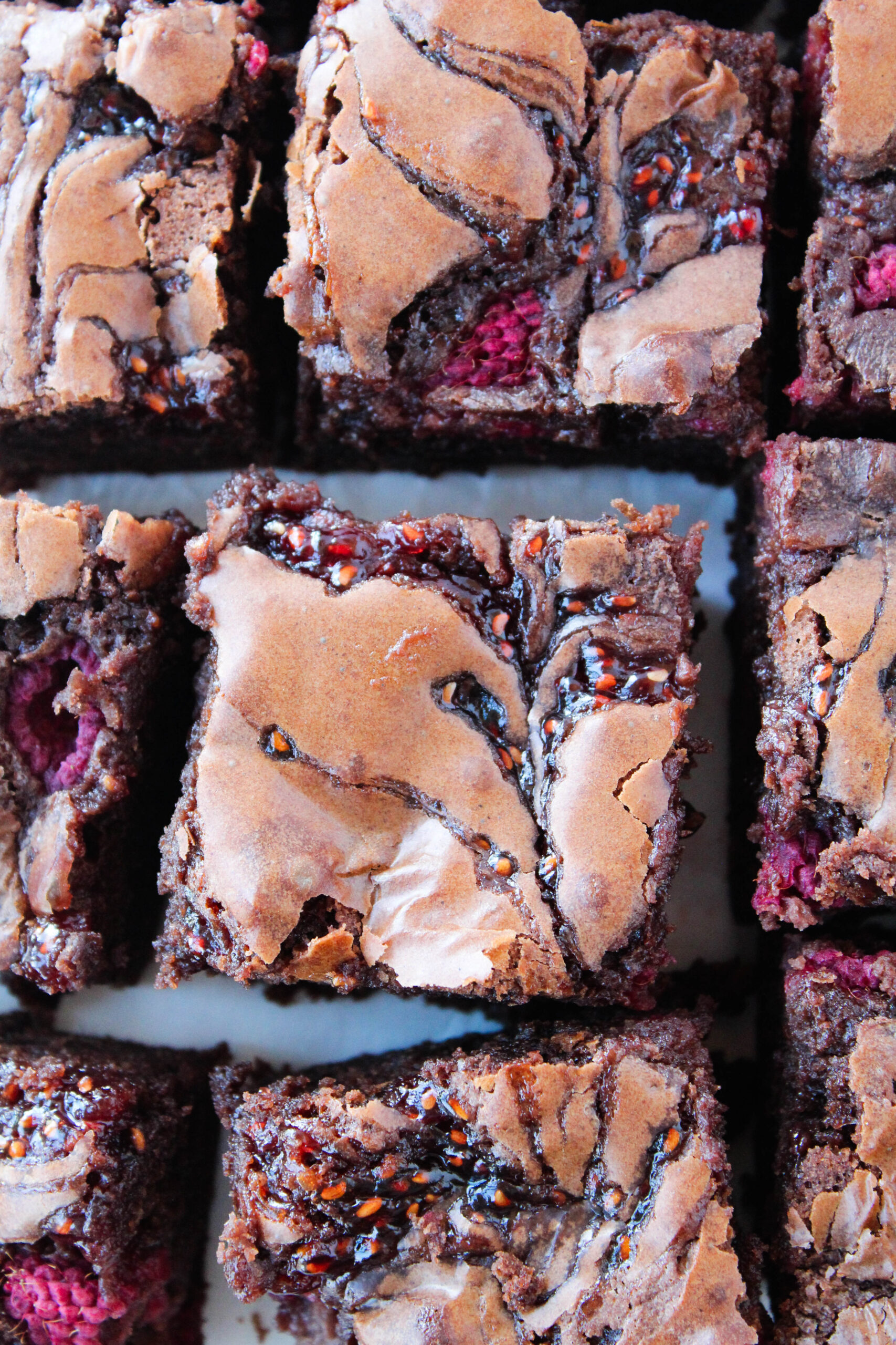 Raspberry brownies on a baking tray