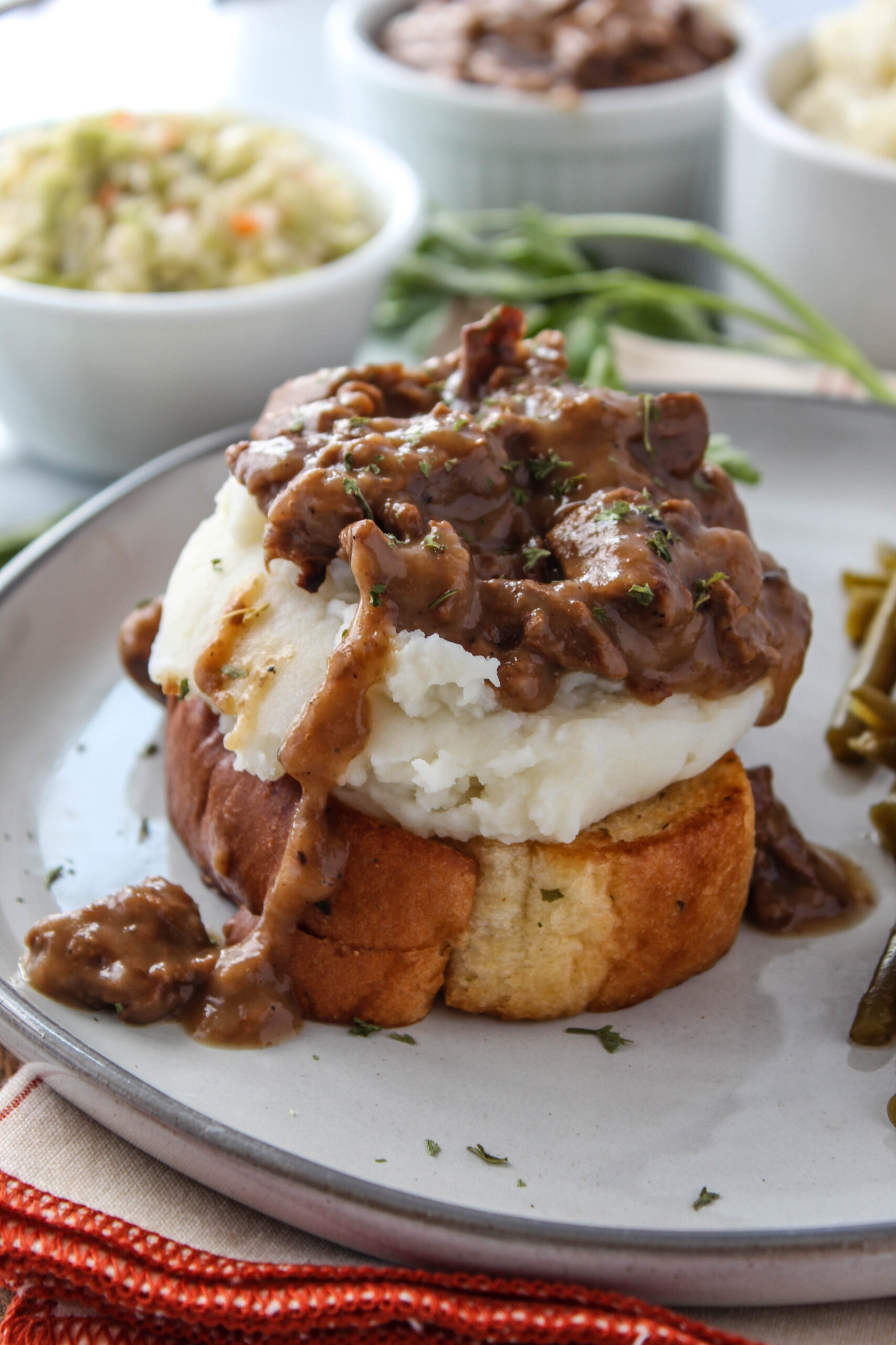 Vegetarian Hot Beef Sandwich with Mashed Potatoes & Gravy